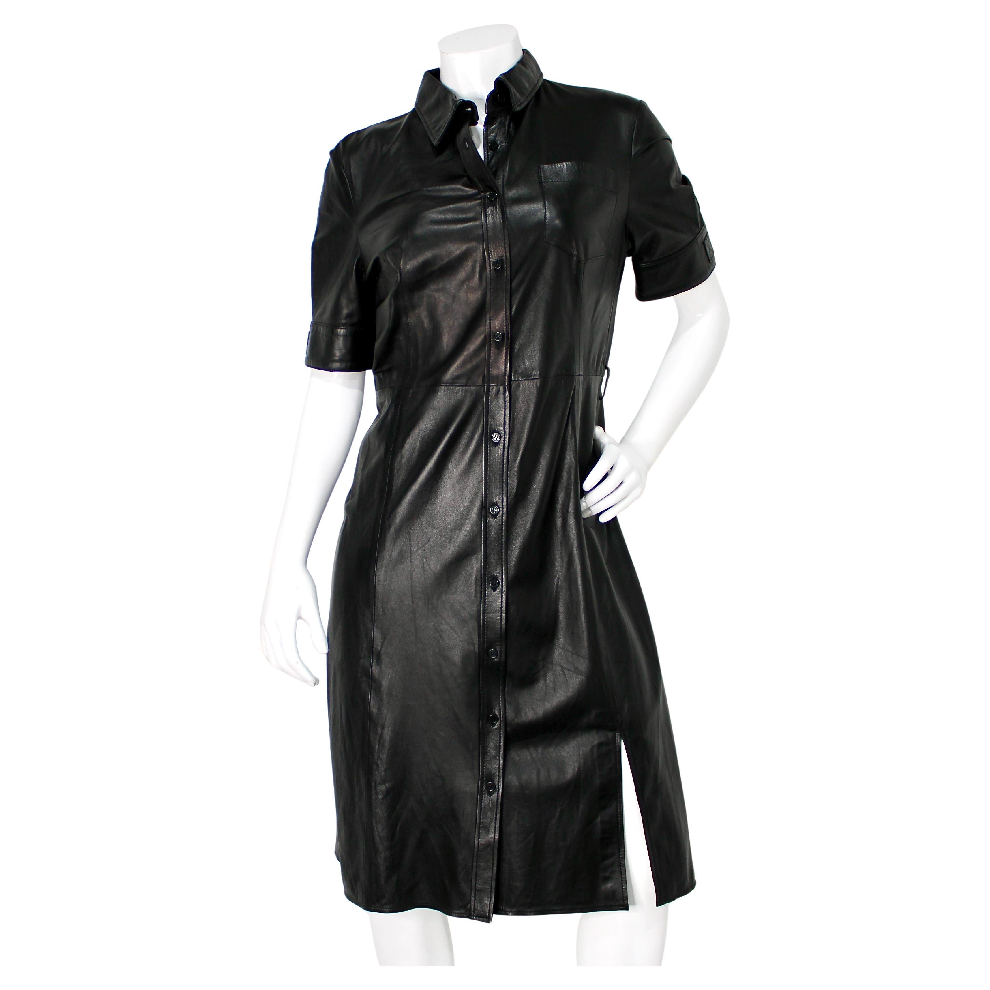 Altuzarra Black Lambskin Leather Midi Shirt Dress