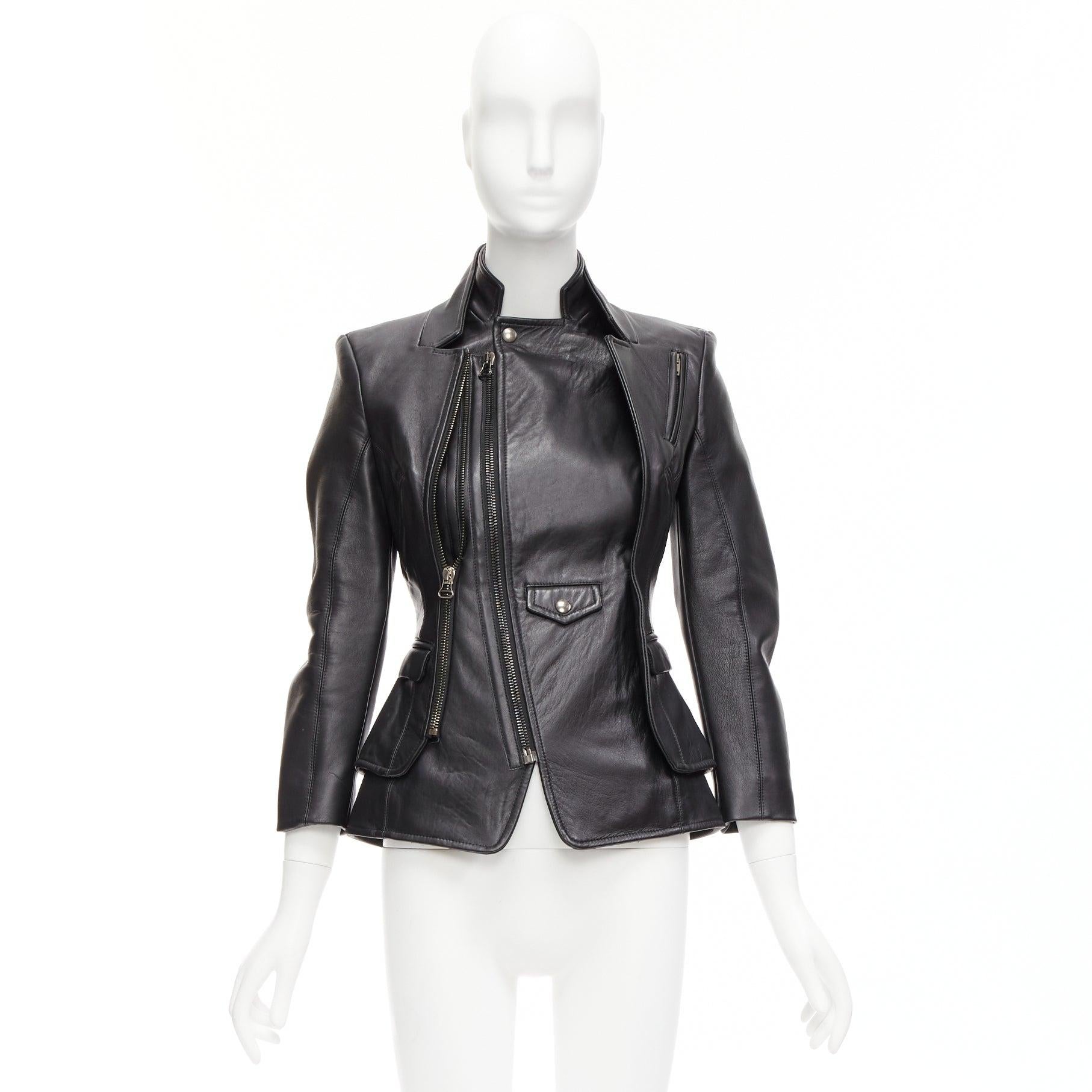 ALTUZARRA black nappa leather double collar deconstructed biker jacket FR34 XS For Sale 6