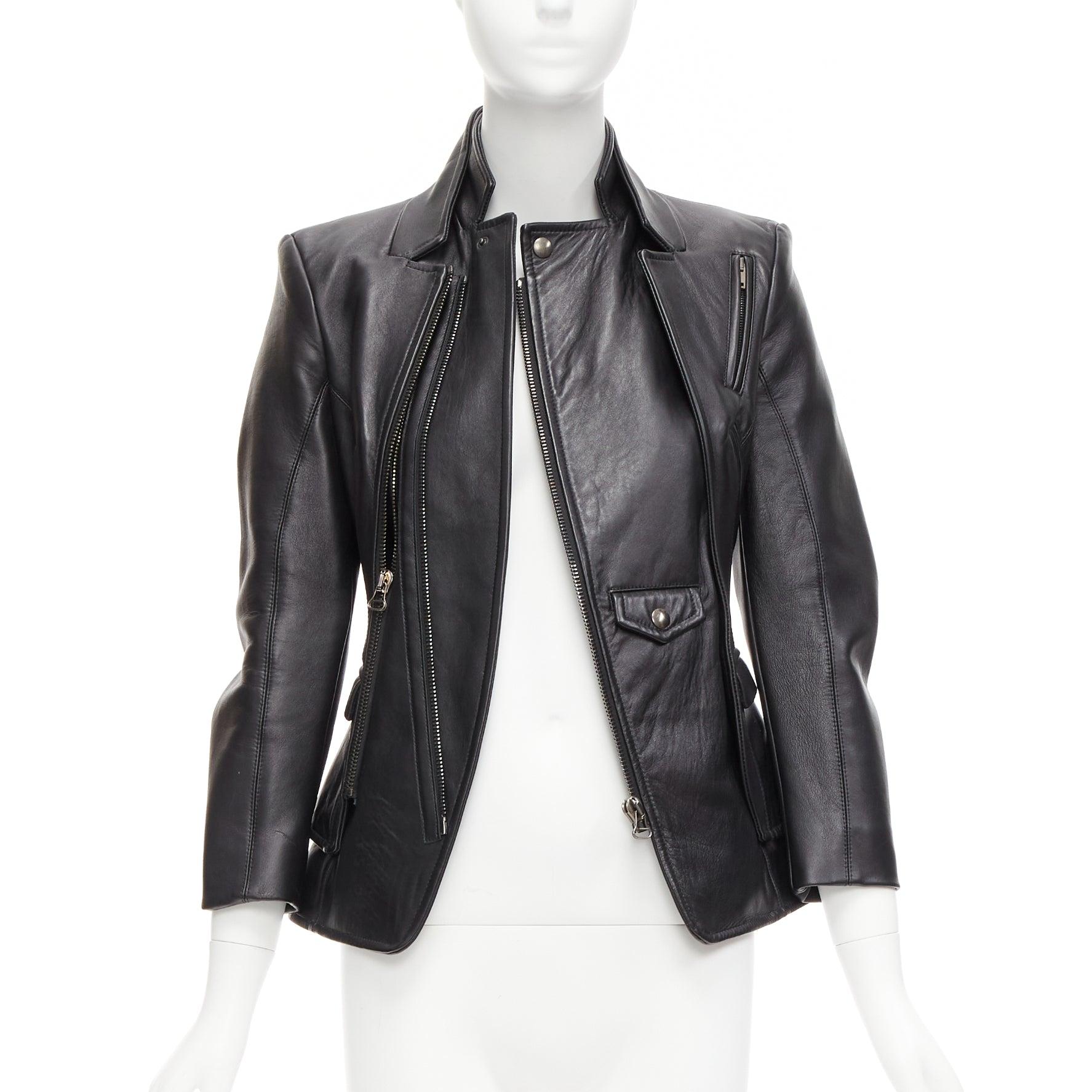 ALTUZARRA black nappa leather double collar deconstructed biker jacket FR34 XS In Good Condition For Sale In Hong Kong, NT