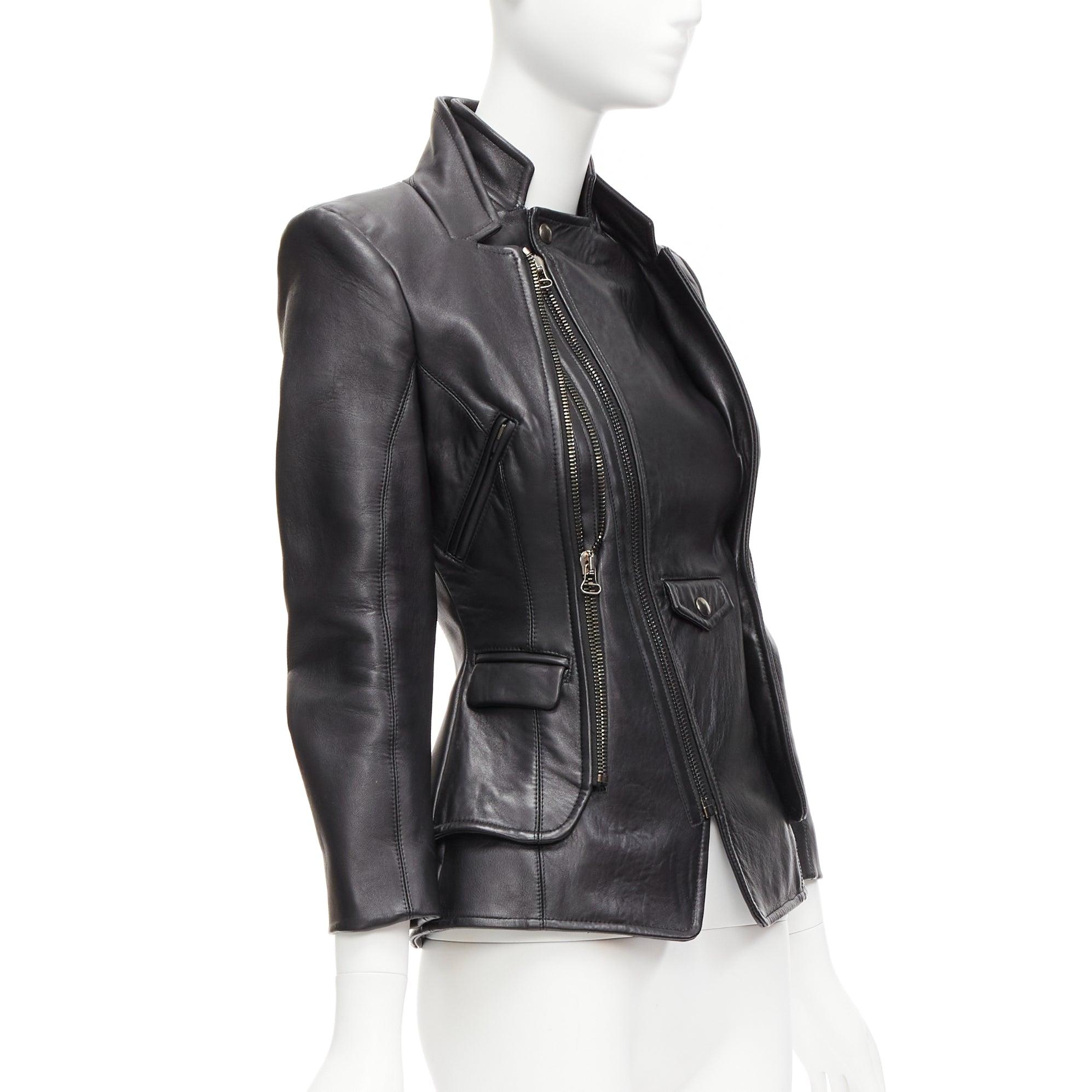 Women's ALTUZARRA black nappa leather double collar deconstructed biker jacket FR34 XS For Sale