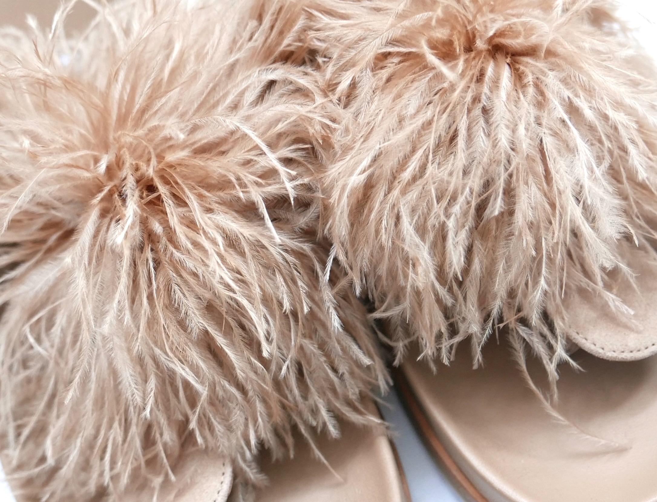 Gorgeous Aquazzura Boudoir ostrich feather slides sandals - bought for $650 and worn once for a photoshoot. Come with dustbag. Made from dark beige nubuck suede with super fluffy ostrich feather trims, circular side buckles, thong fronts, moulded