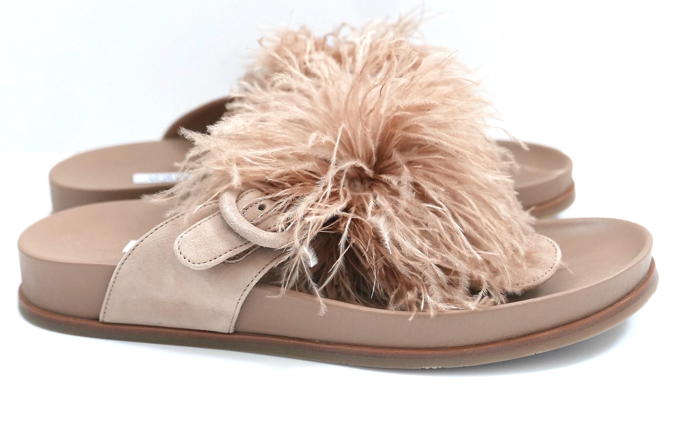 Brown Aquazzura Boudoir ostrich feather slides sandals For Sale