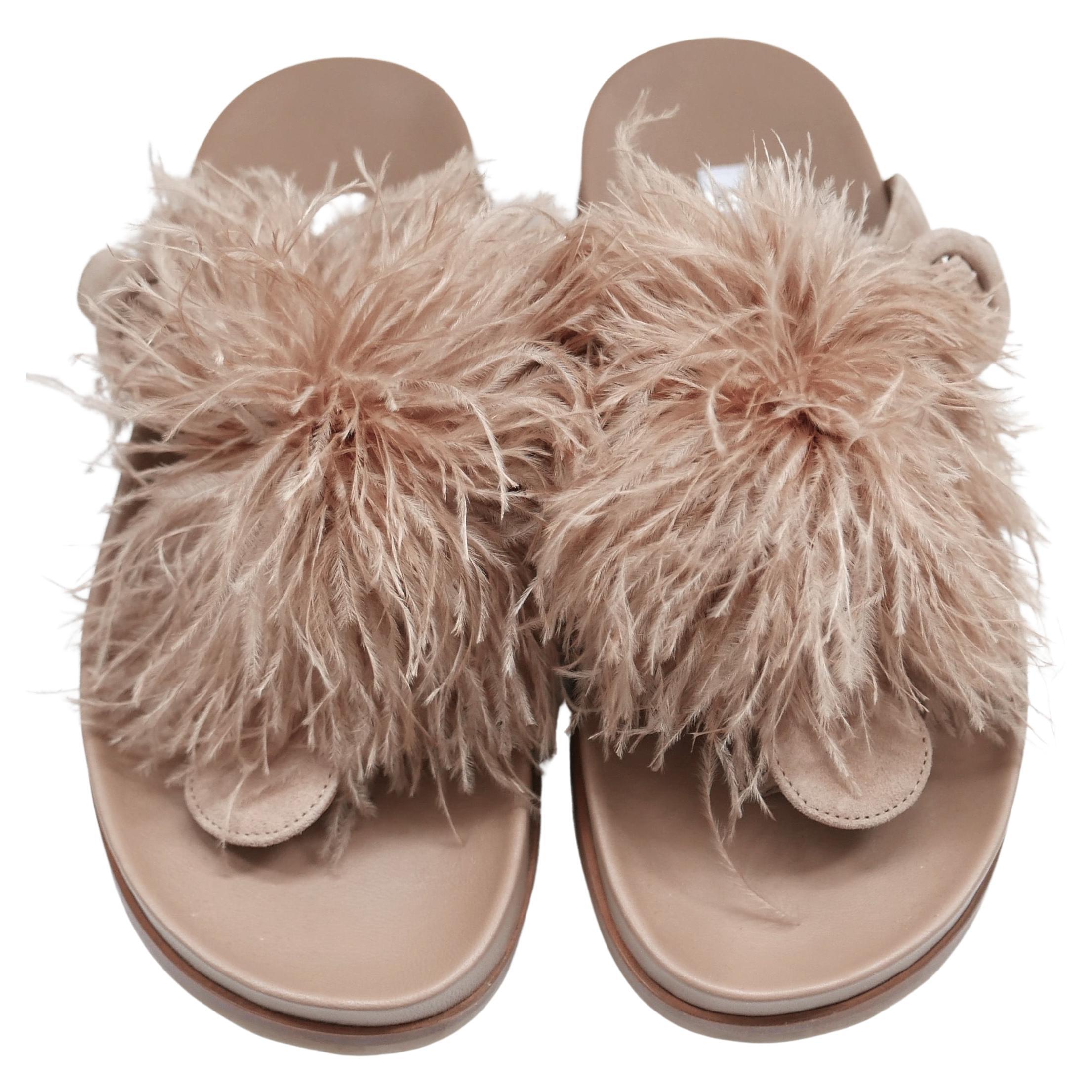 Aquazzura Boudoir ostrich feather slides sandals For Sale