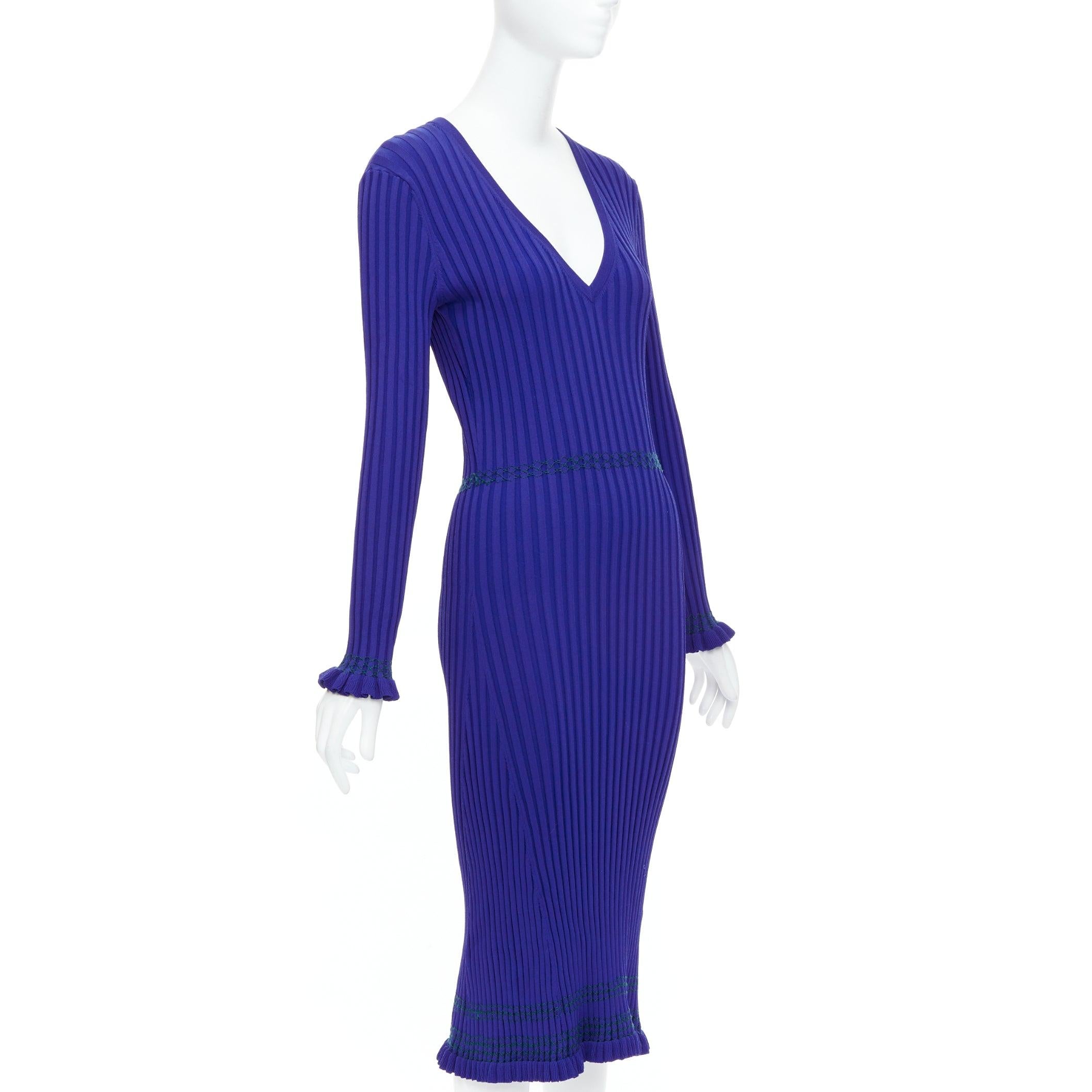 Purple ALTUZARRA cobalt blue green topstitch ribbed bodycon V neck dress L For Sale