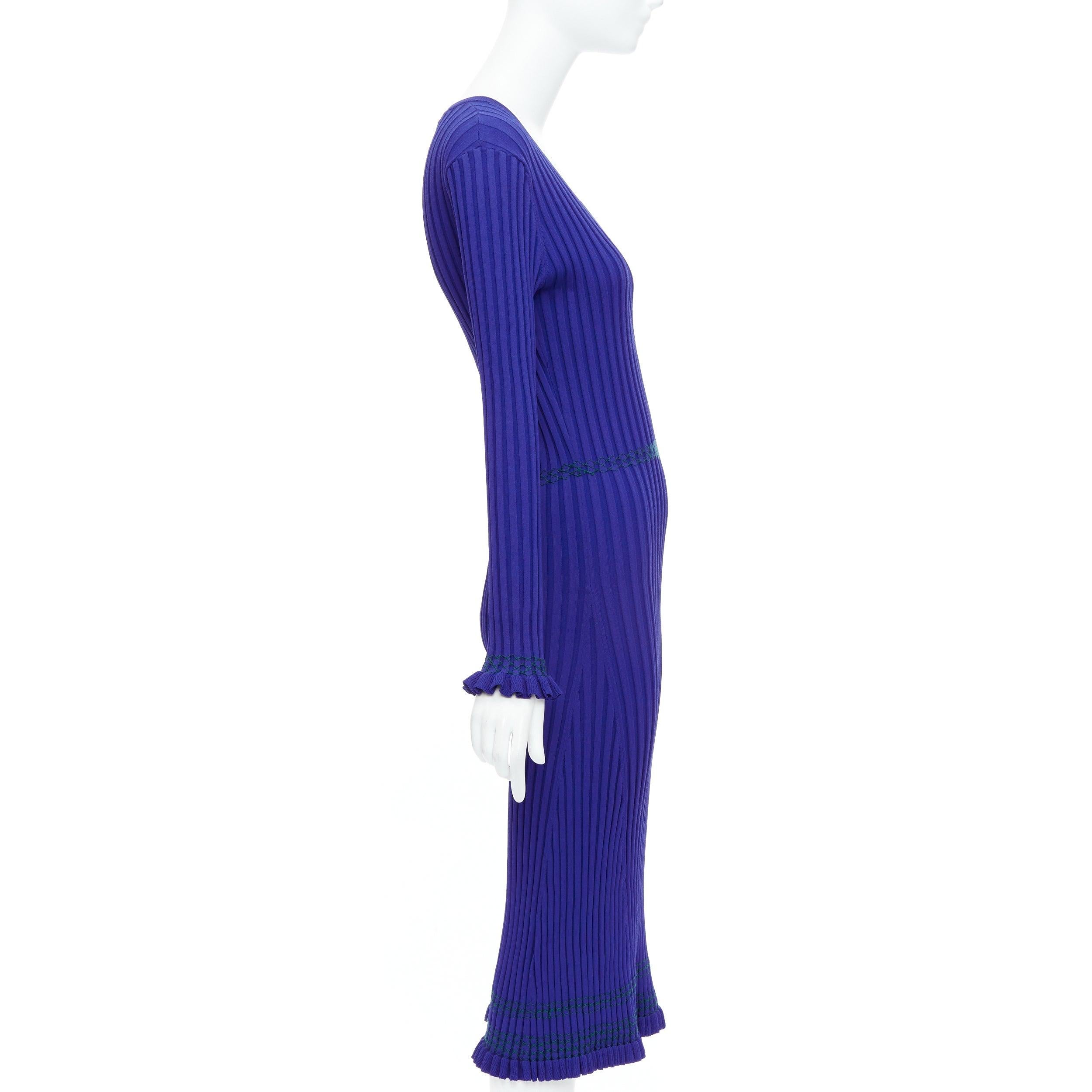ALTUZARRA cobalt blue green topstitch ribbed bodycon V neck dress L In Good Condition For Sale In Hong Kong, NT
