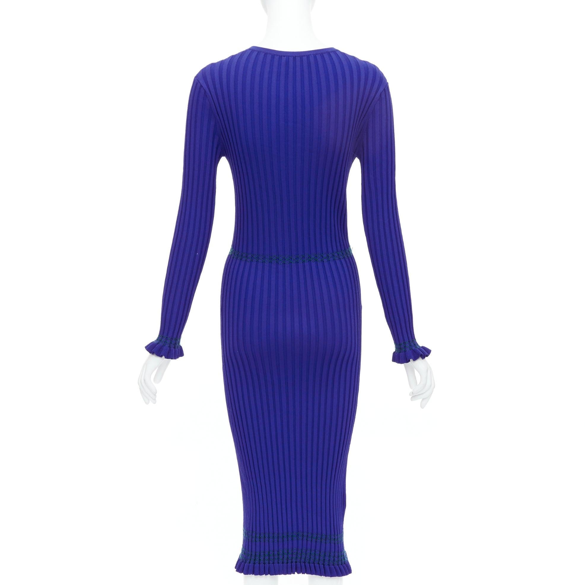 Women's ALTUZARRA cobalt blue green topstitch ribbed bodycon V neck dress L For Sale