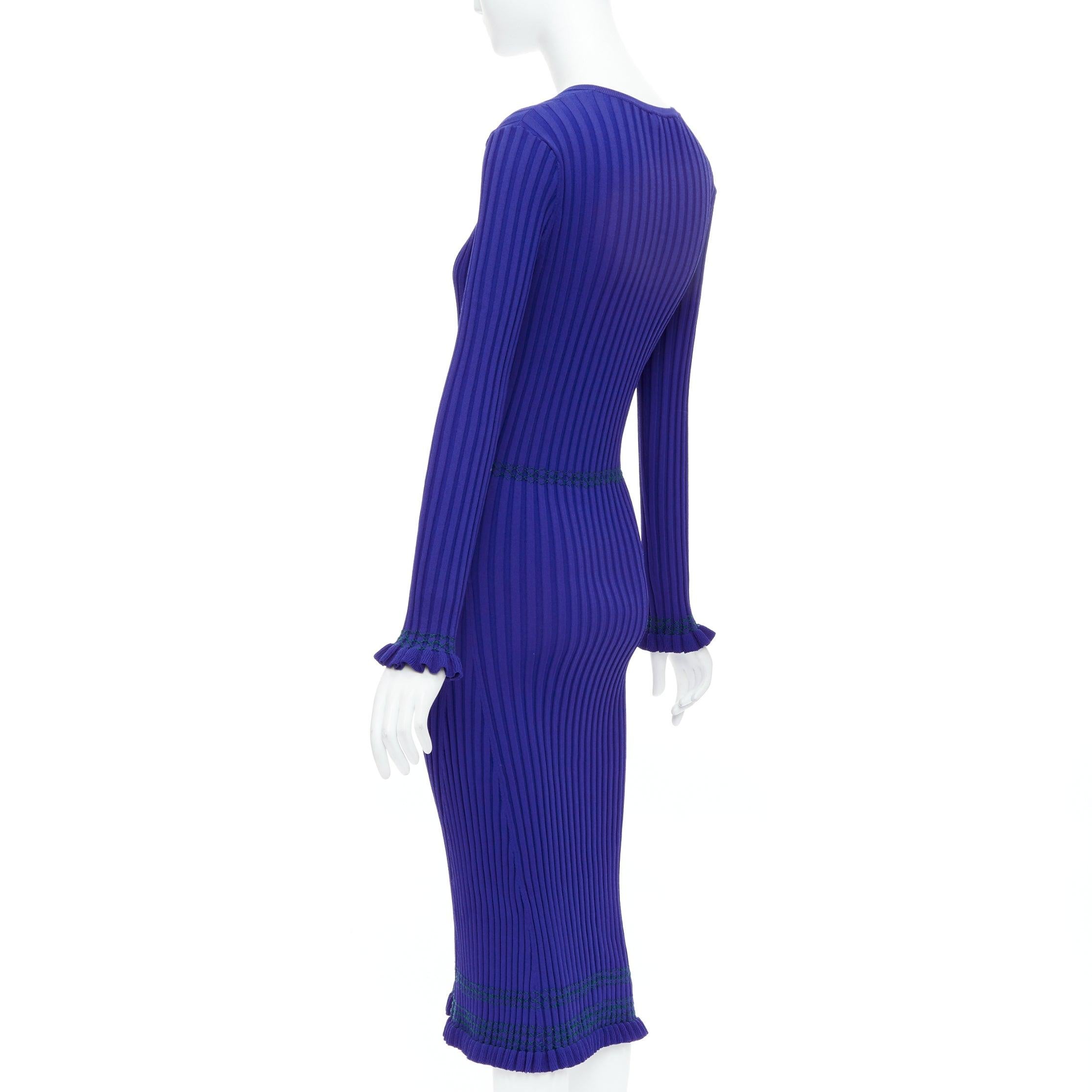 ALTUZARRA cobalt blue green topstitch ribbed bodycon V neck dress L For Sale 1