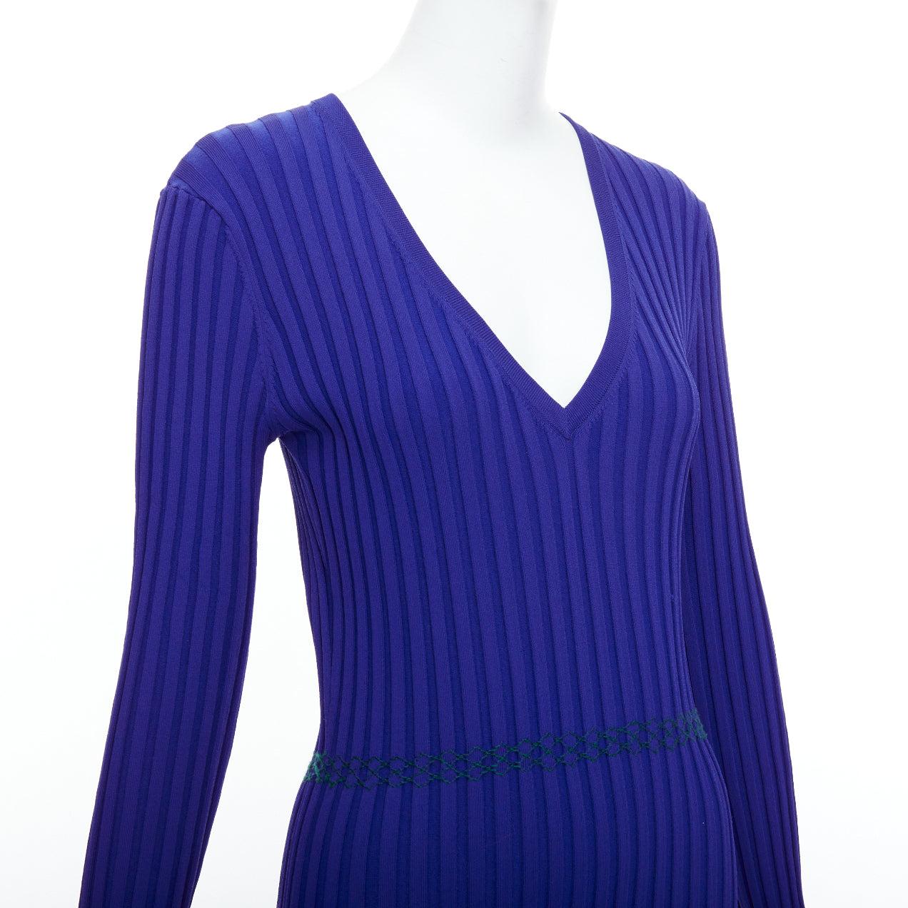 ALTUZARRA cobalt blue green topstitch ribbed bodycon V neck dress L For Sale 2