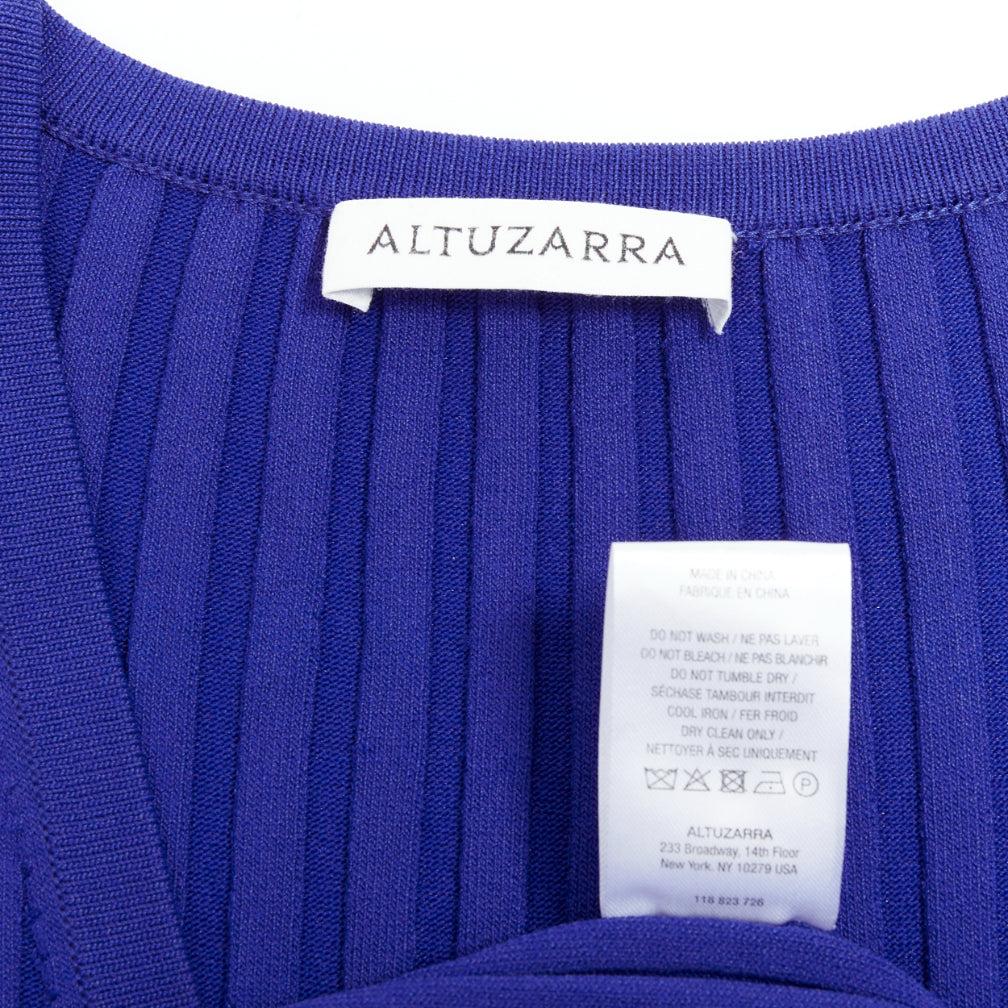 ALTUZARRA cobalt blue green topstitch ribbed bodycon V neck dress L For Sale 3