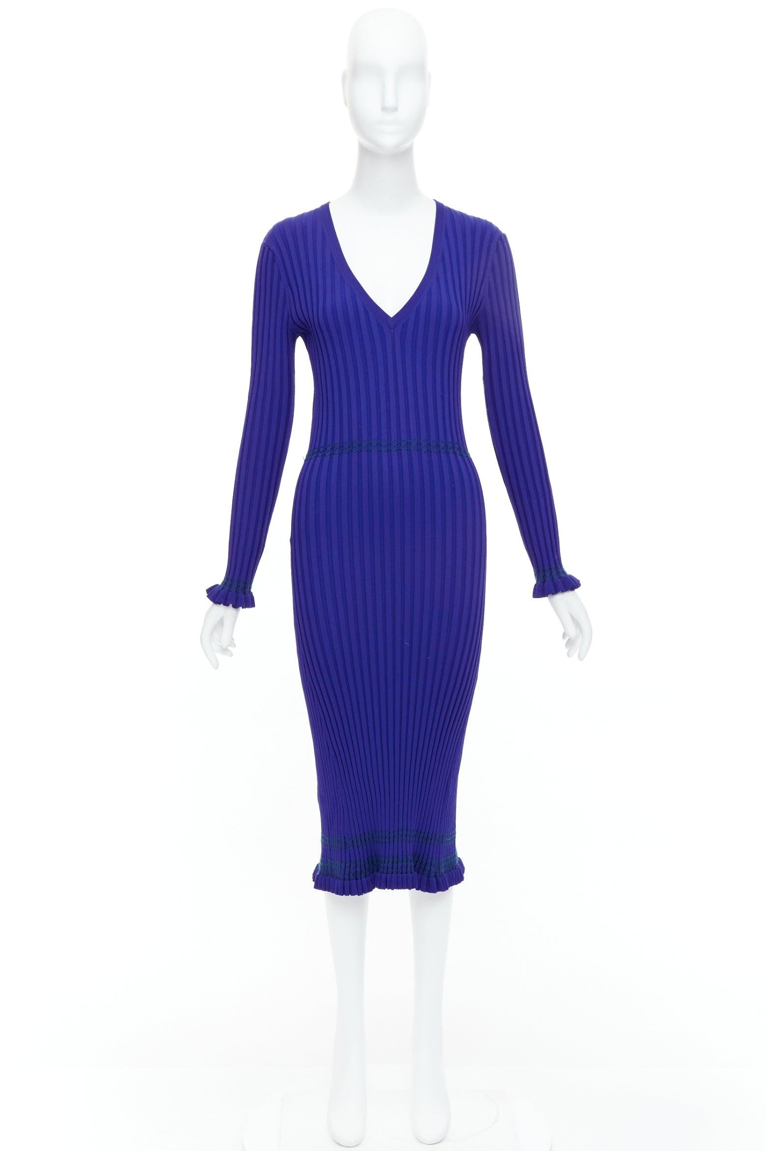 ALTUZARRA cobalt blue green topstitch ribbed bodycon V neck dress L For Sale 4