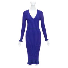 ALTUZARRA cobalt blue green topstitch ribbed bodycon V neck dress L