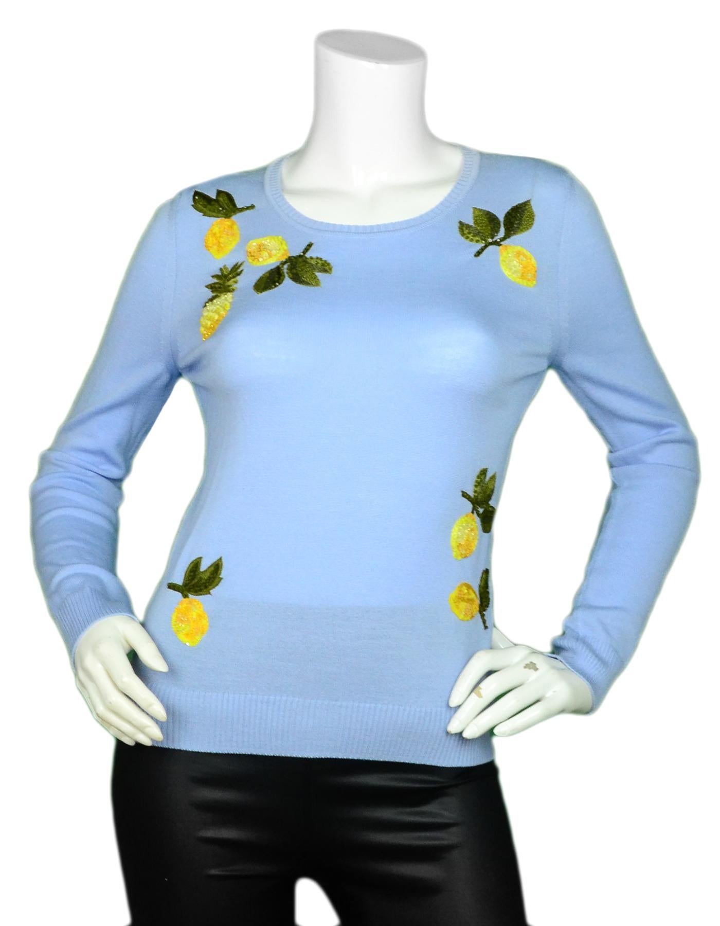 Altuzarra Lemon Embroidered Lightweight Sweater sz XS

Made In: Italy
Color: Blue 
Materials: 100% Merino Wool
Embroidery Materials: Glass, Plastic, Viscose, Polyester
Lining: 100% Merino Wool
Opening/Closure: Slip-on
Overall Condition: Excellent