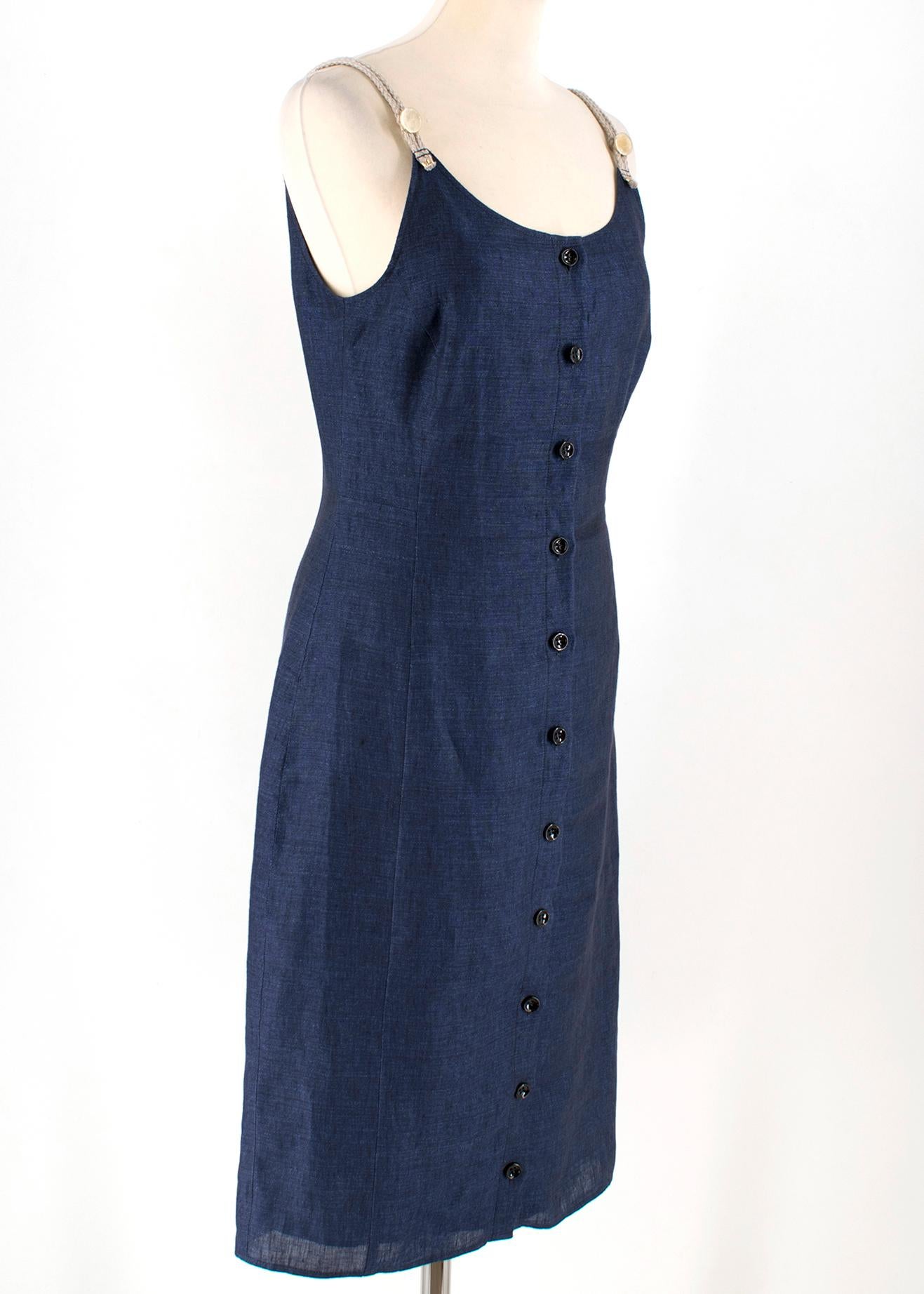 Altuzarra navy isar dress

- Midi navy blue, linen dress 
- Slim fit, mid weight 
- Scoop neck with rush mat shoulder straps
- Black button fastening at front 

Please note, these items are pre-owned and may show some signs of storage, even when