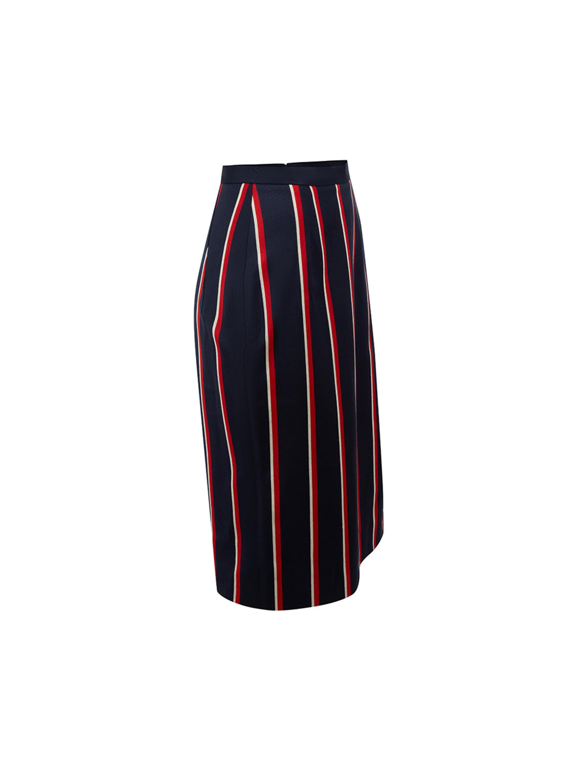 CONDITION is Good. Minor wear to skirt is evident. Light wear to outer fabric with a number of small abrasions on the lower half of this used Altuzarra designer resale item.
 
 Details
 Navy
 Wool
 Pencil skirt
 Red and grey striped pattern
 Knee