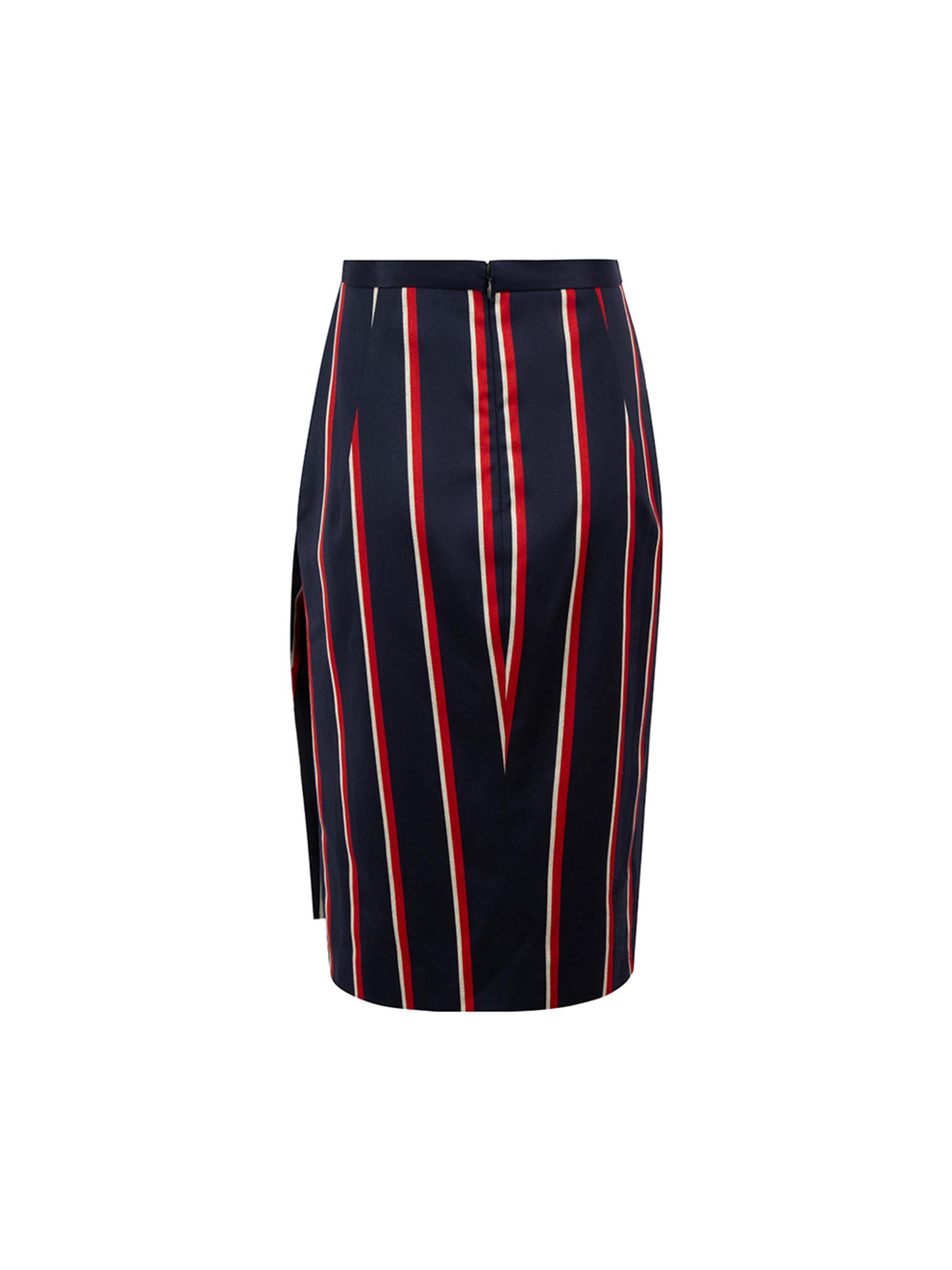 Altuzarra Navy Wool Striped Knee Length Skirt Size M In Good Condition For Sale In London, GB