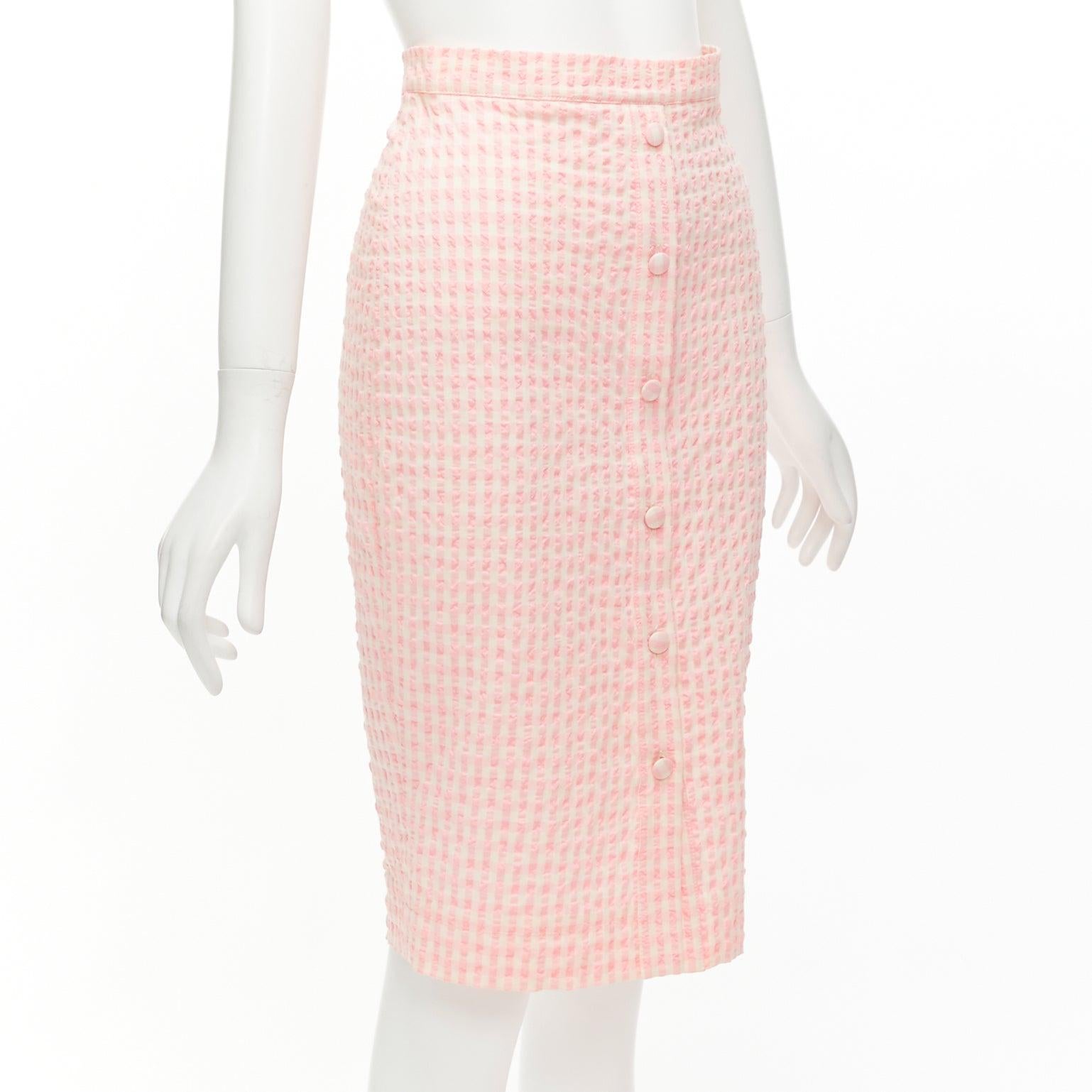 White ALTUZARRA pink white gingham fabric button front midi pencil skirt FR36 S For Sale