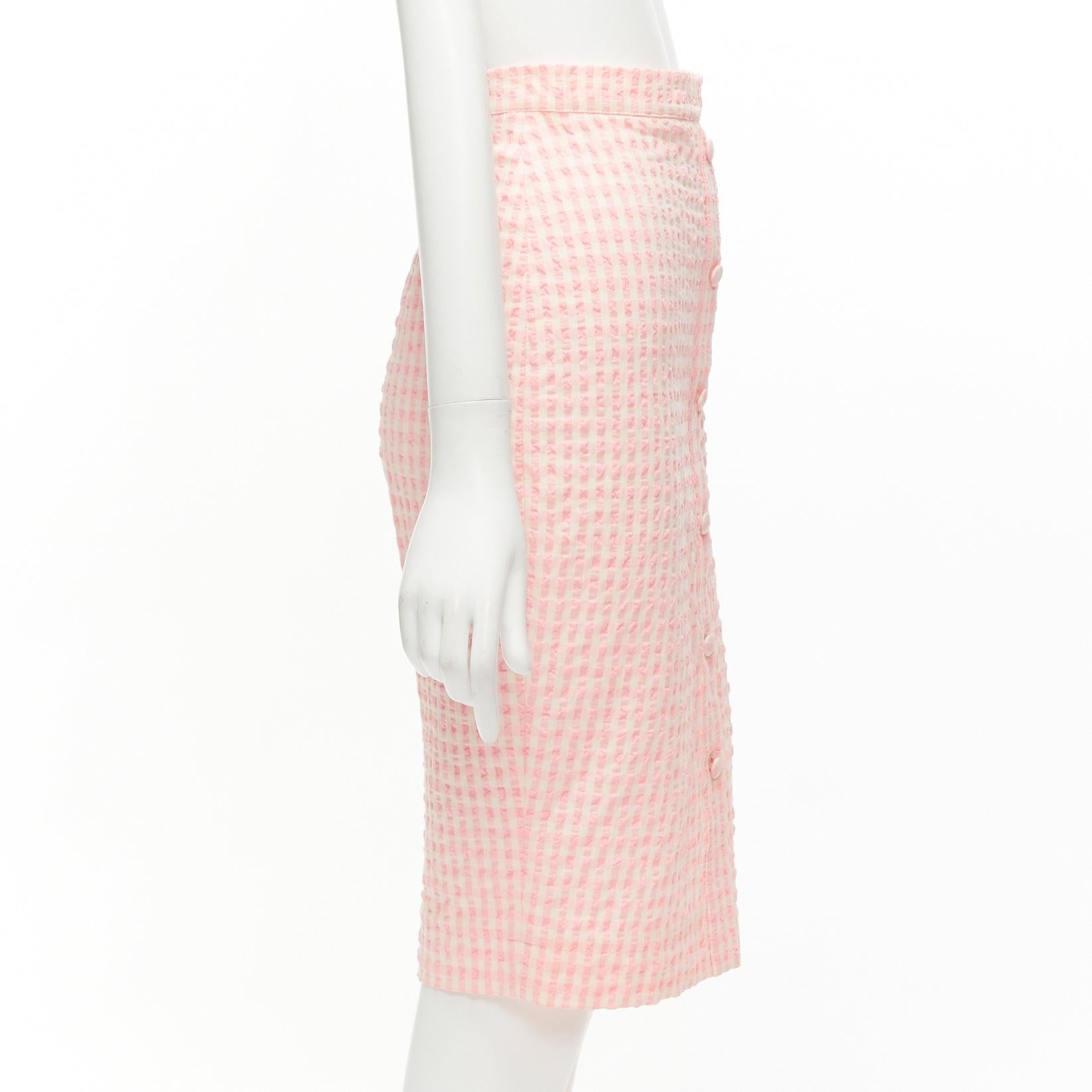 ALTUZARRA pink white gingham fabric button front midi pencil skirt FR36 S In Excellent Condition For Sale In Hong Kong, NT