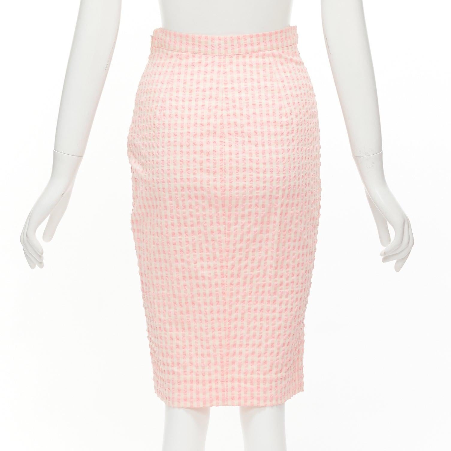 ALTUZARRA pink white gingham fabric button front midi pencil skirt FR36 S For Sale 1