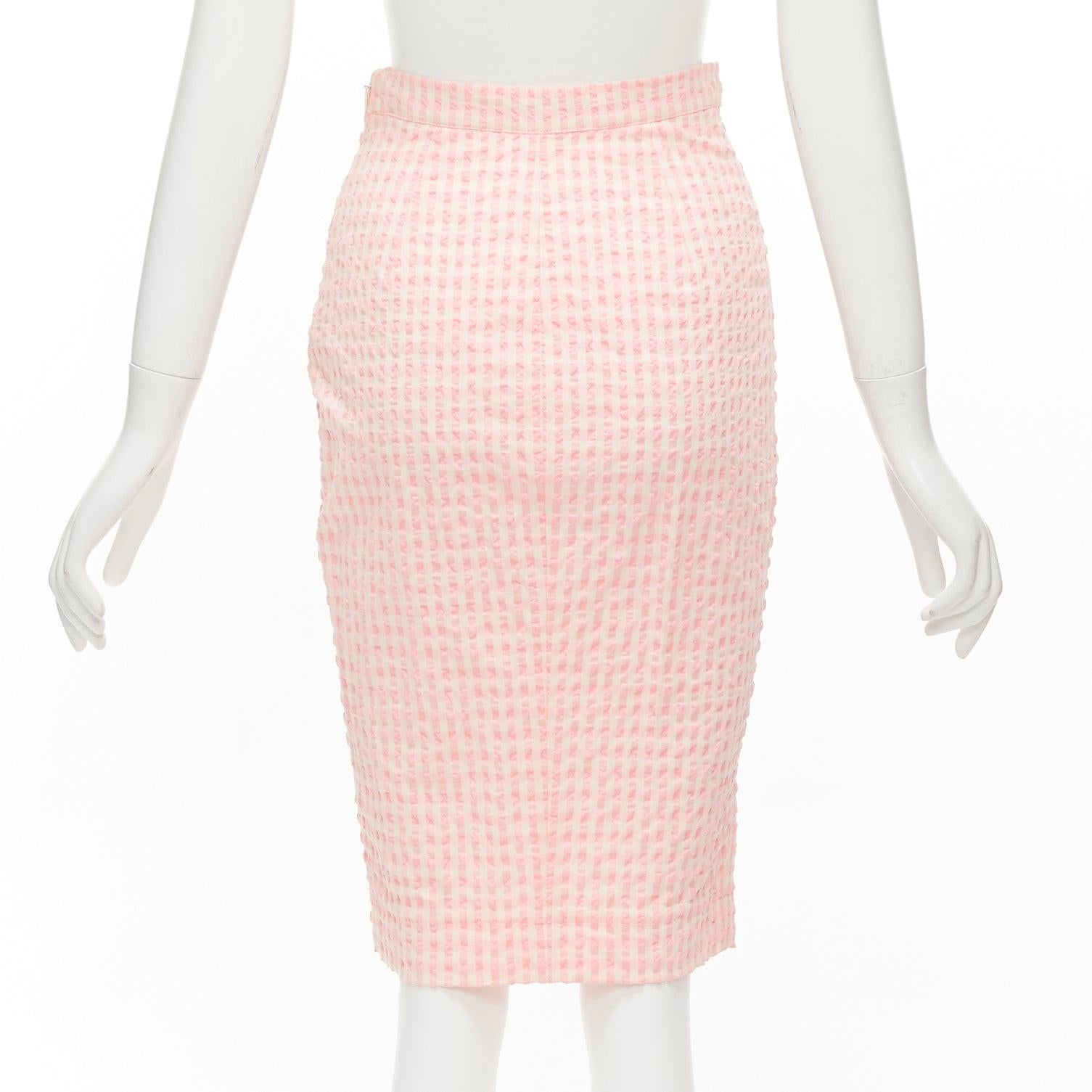 Women's ALTUZARRA pink white gingham fabric button front midi pencil skirt FR36 S For Sale
