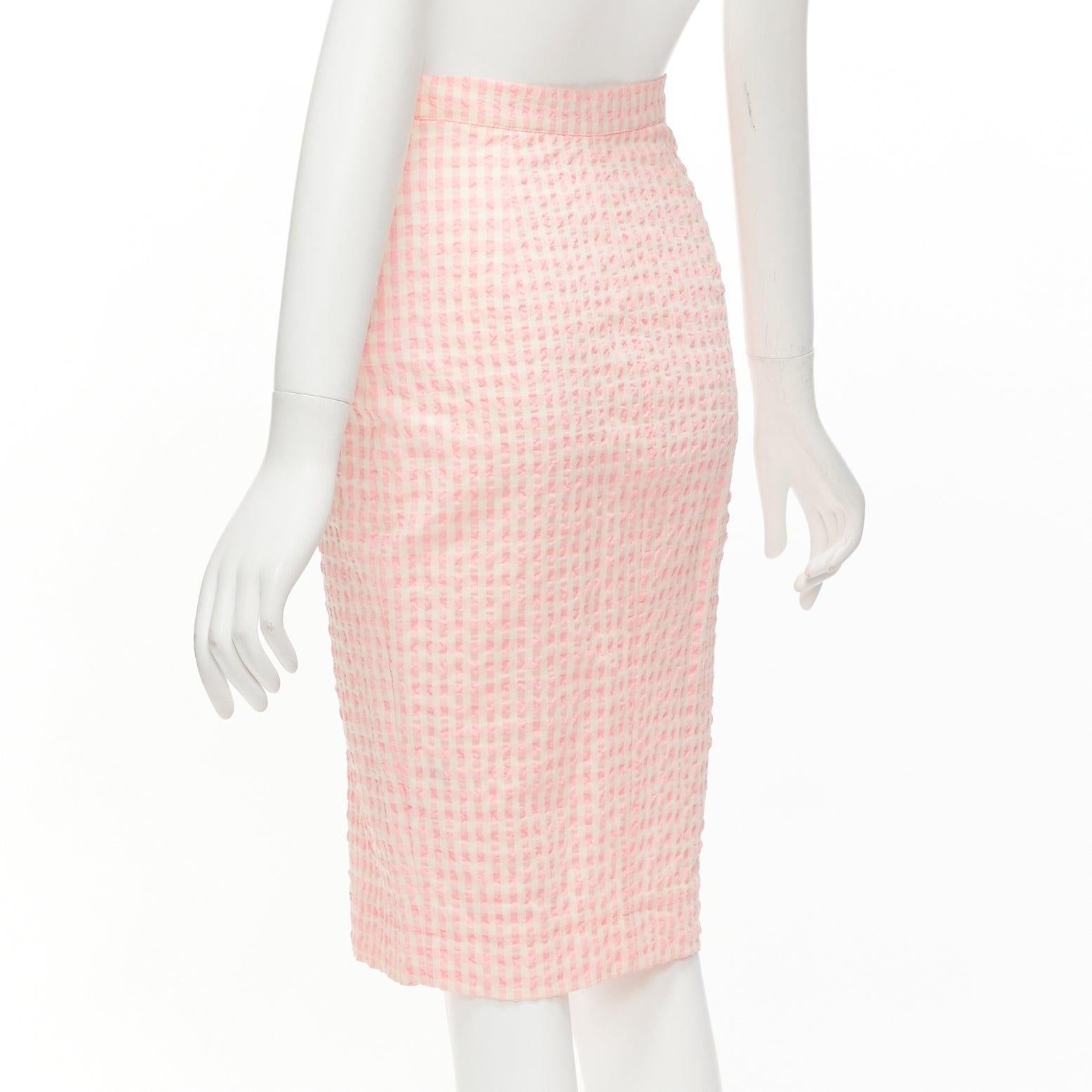 ALTUZARRA pink white gingham fabric button front midi pencil skirt FR36 S For Sale 1