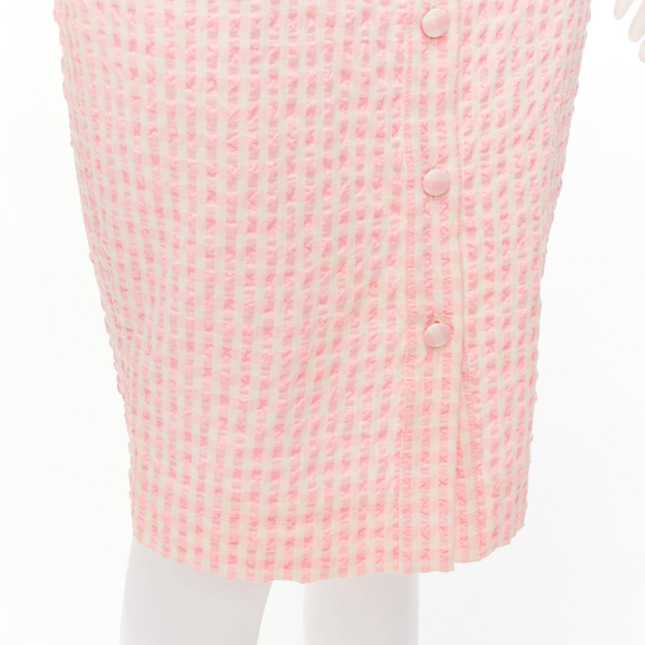 ALTUZARRA pink white gingham fabric button front midi pencil skirt FR36 S For Sale 3
