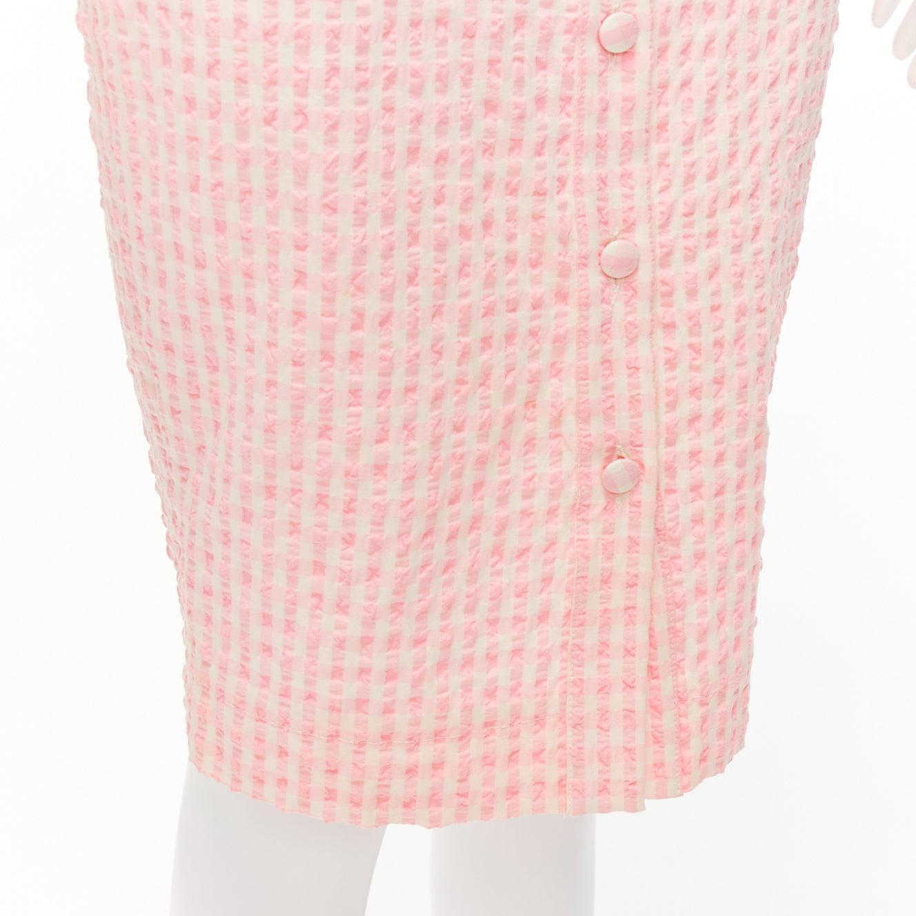 ALTUZARRA pink white gingham fabric button front midi pencil skirt FR36 S For Sale 2
