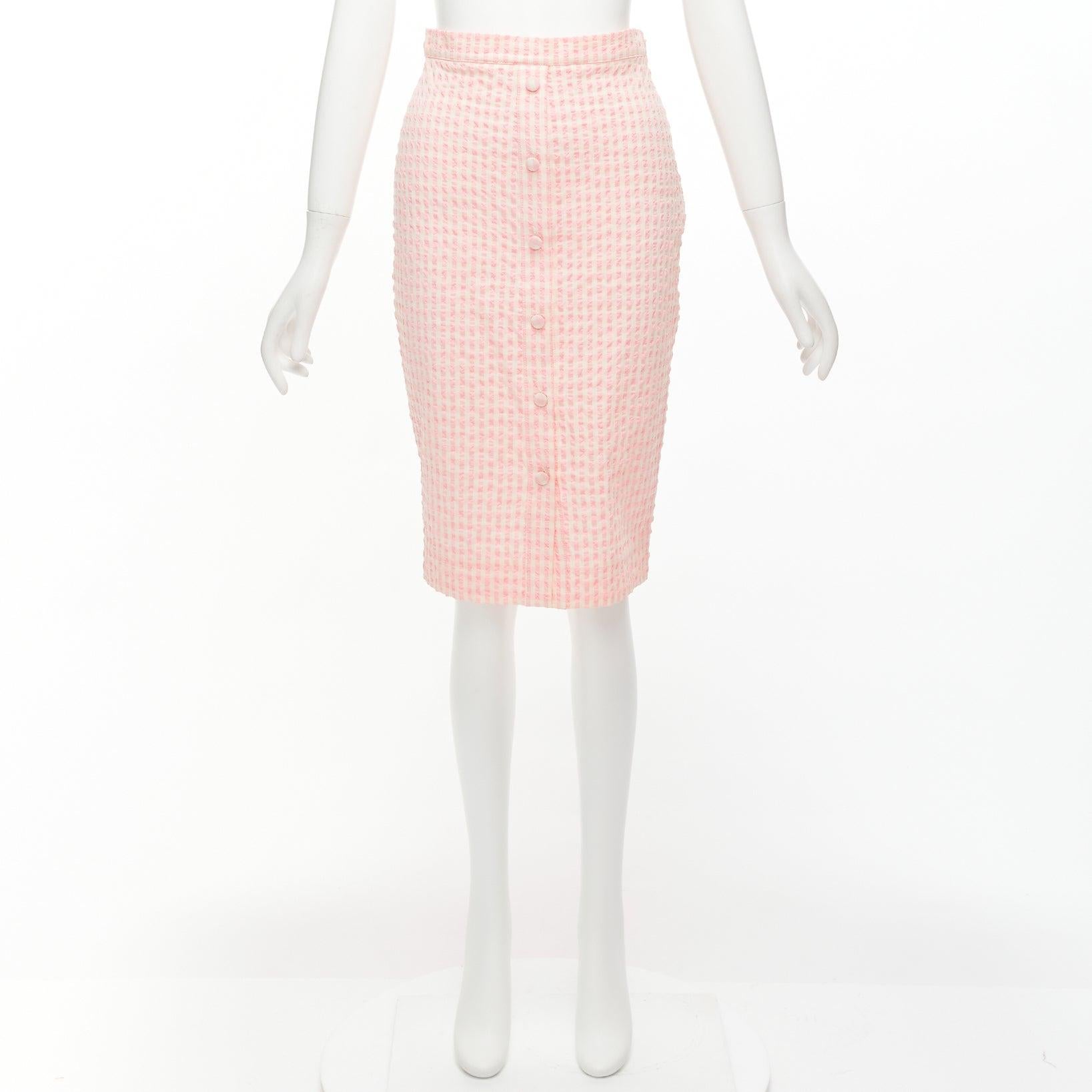 ALTUZARRA pink white gingham fabric button front midi pencil skirt FR36 S For Sale 4