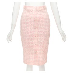 ALTUZARRA gonna midi a matita FR36 S, in tessuto di percalle bianco e rosa, con bottoni sul davanti.