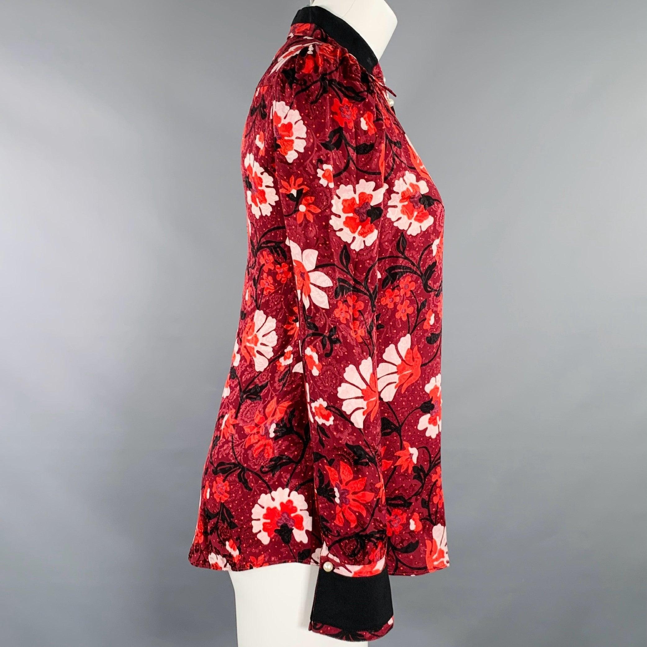 Red ALTUZARRA Size 0 Burgundy Black White Silk Floral Blouse For Sale