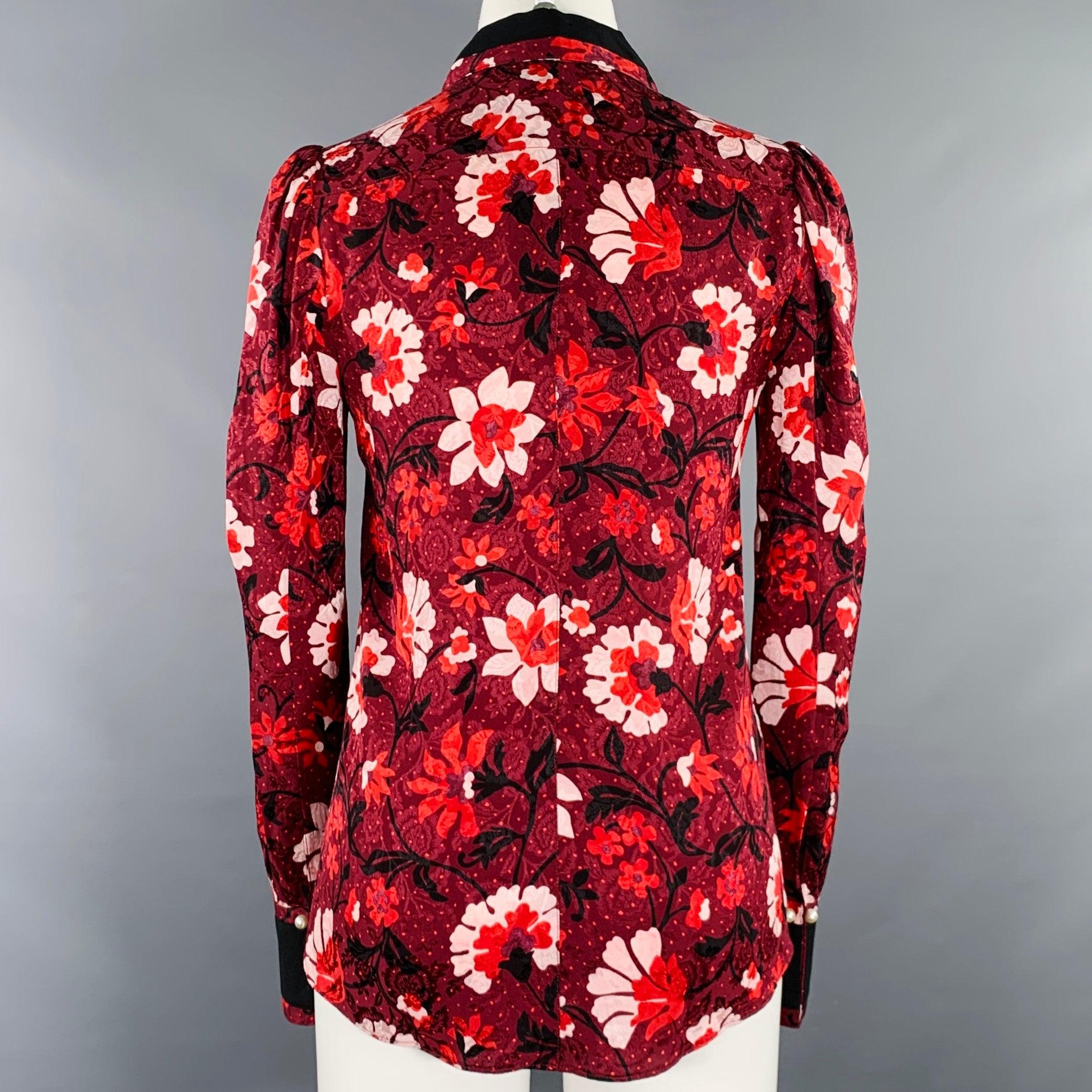 ALTUZARRA Size 0 Burgundy Black White Silk Floral Blouse In Excellent Condition For Sale In San Francisco, CA