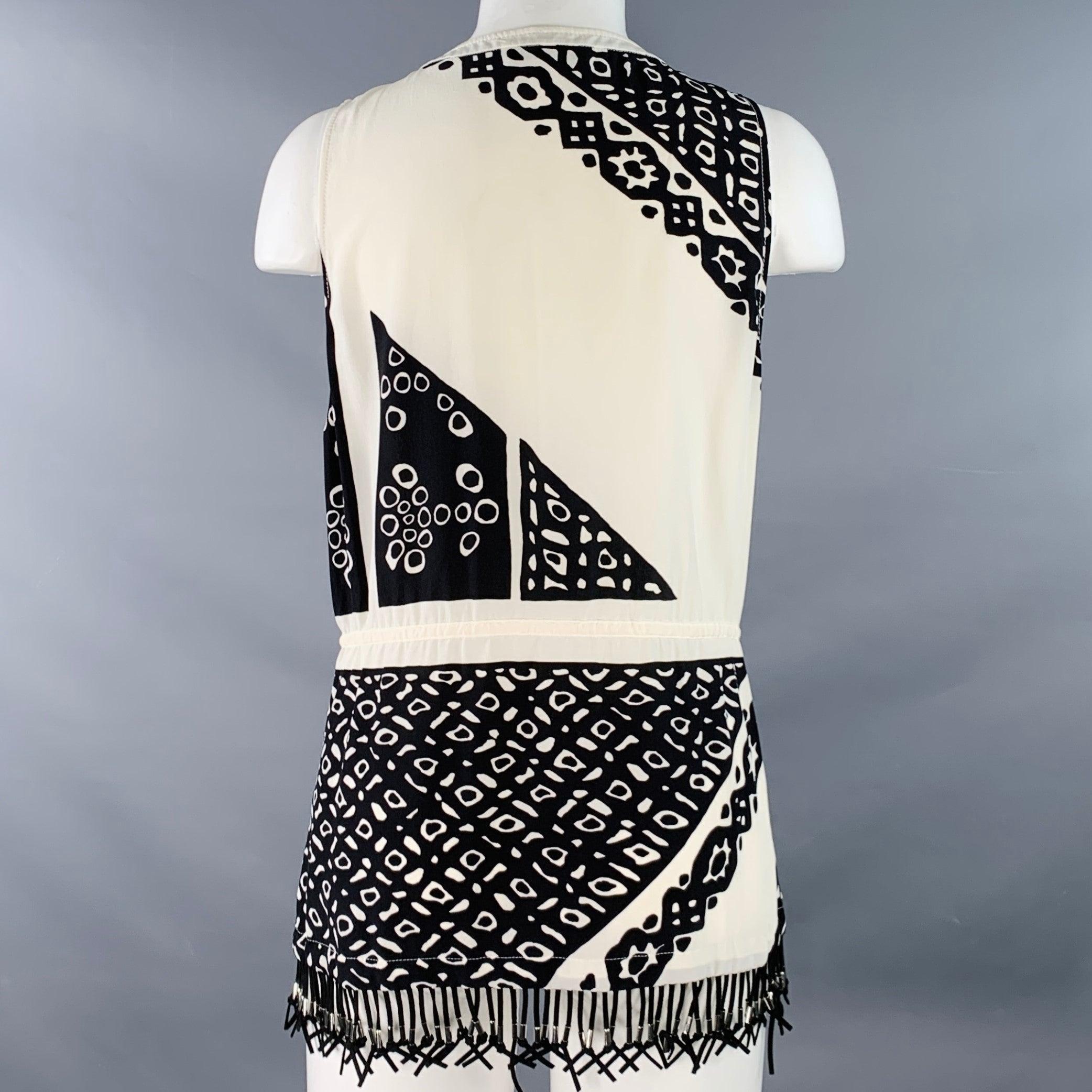Donna Altuzarra Taglia 6 Nero Crema Astratto Senza Maniche Frange Top Casual in vendita