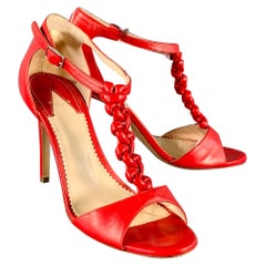 ALTUZARRA Size 7 Red Braided Ankle Strap Stiletto Sandals