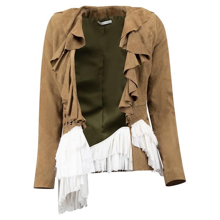 Altuzarra Women's Khaki Suede Ruffles Trim Weave Panel Jacket For Sale