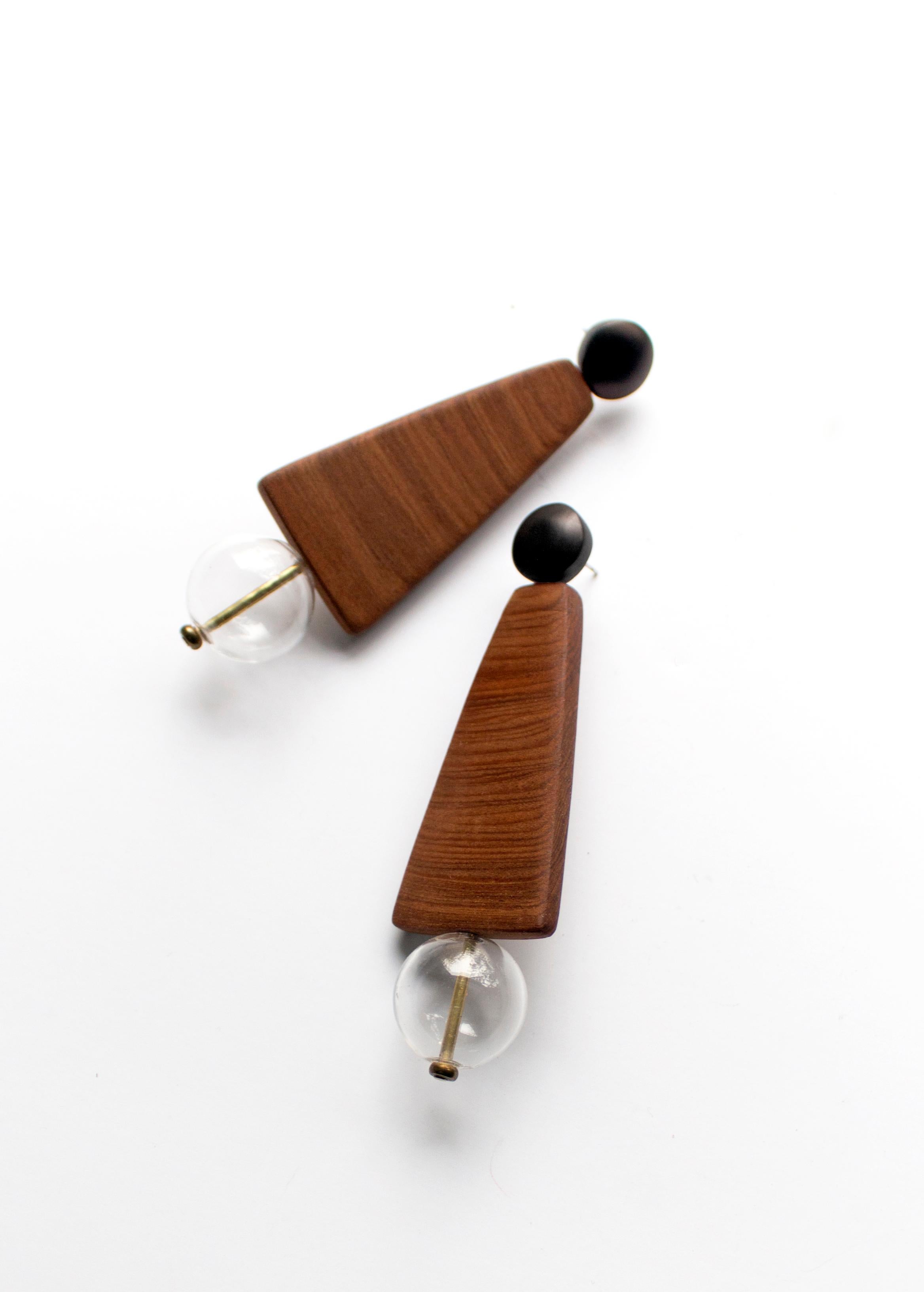 Modern Alu Carved Wood and Blown Glass Earrings For Sale