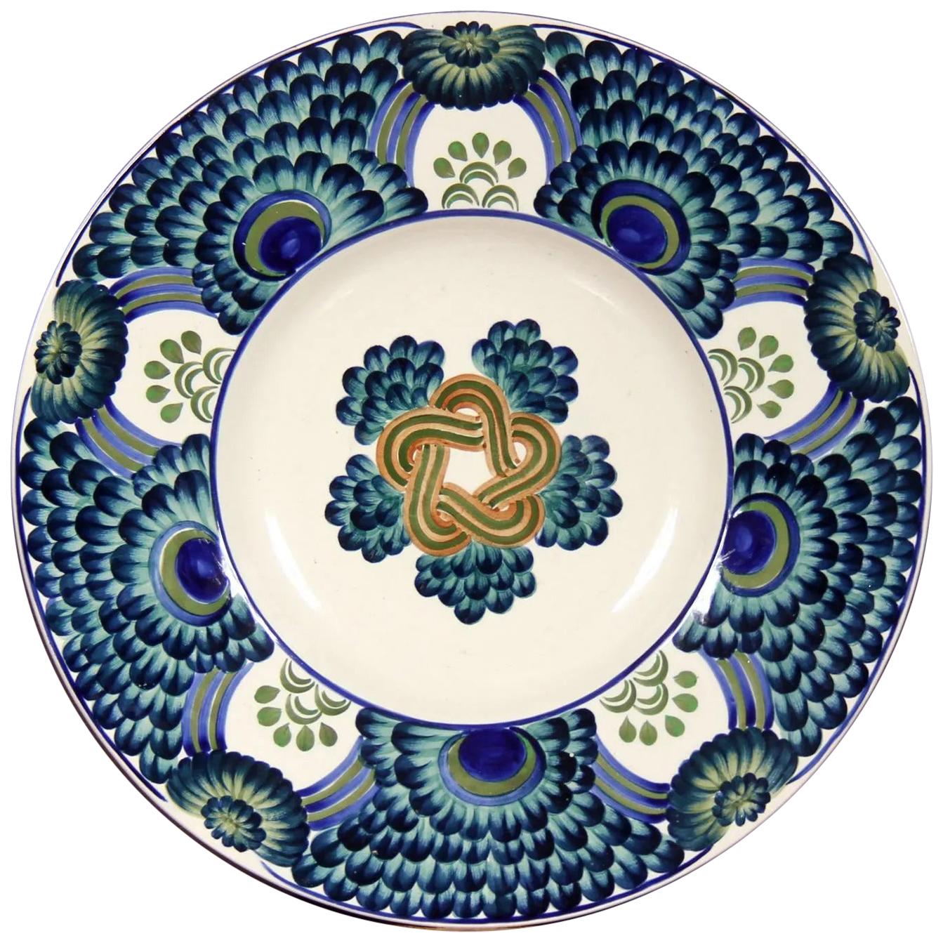 Aluminia Copenhagen, Hollow Dish with Polychrome Peacock Tail Decoration, Signed For Sale