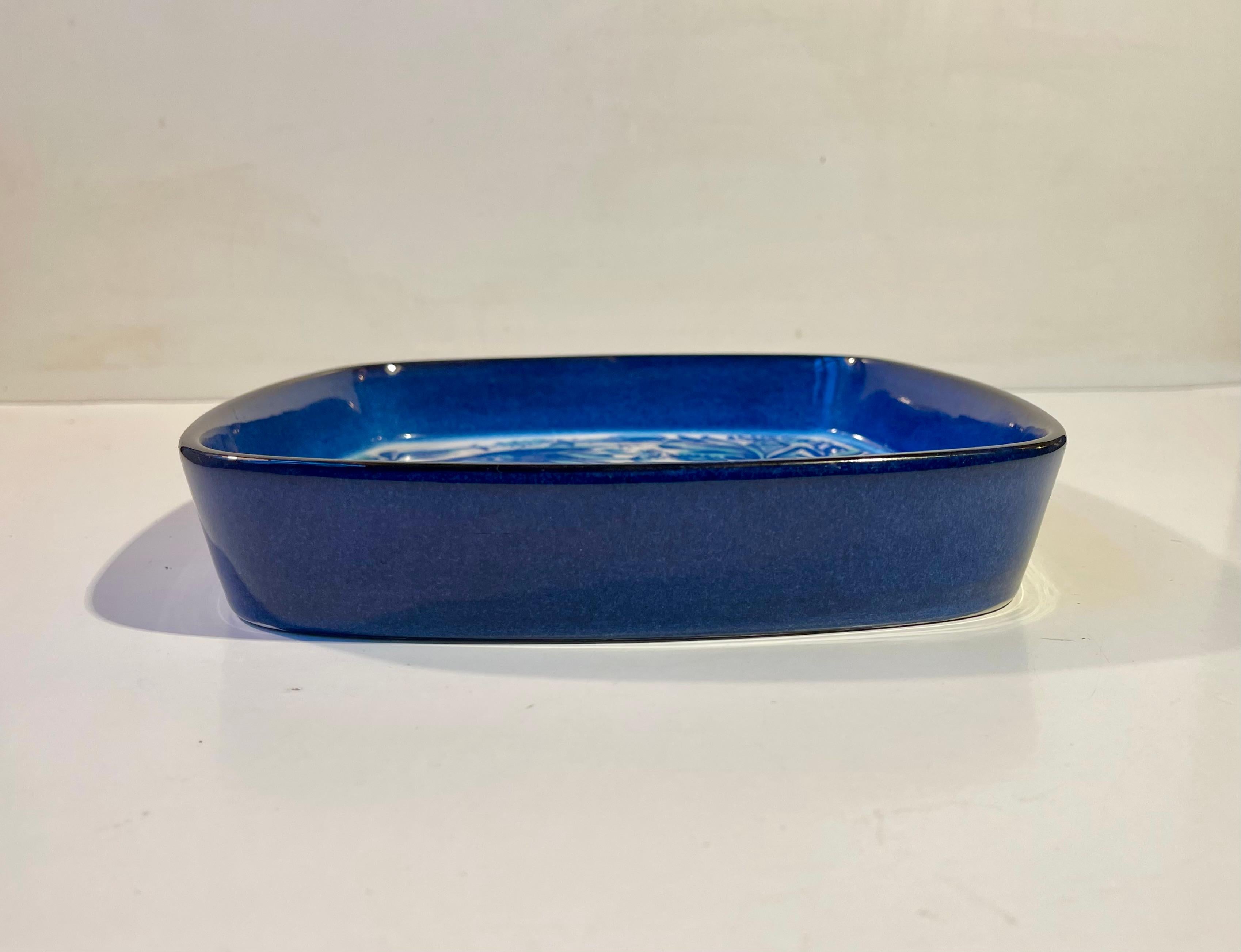 Mid-Century Modern Aluminia Danish Art Faience Dish Blue Fantasy Bird by Marianne Johnson, 1960s For Sale