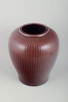 Aluminia. "Marselis" large faience vase with groove design. Mid-20th C.