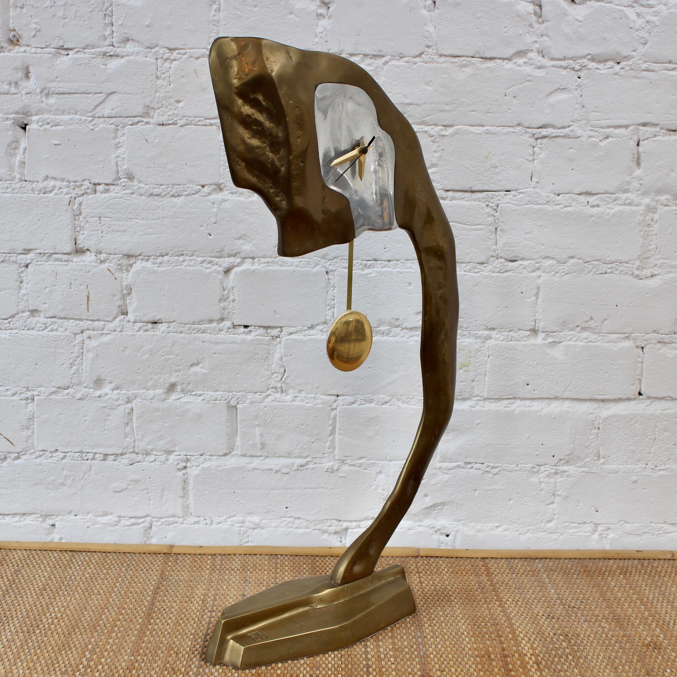 Spanish Aluminium and Brass Brutalist Style Clock by David Marshall (circa 1980s) For Sale
