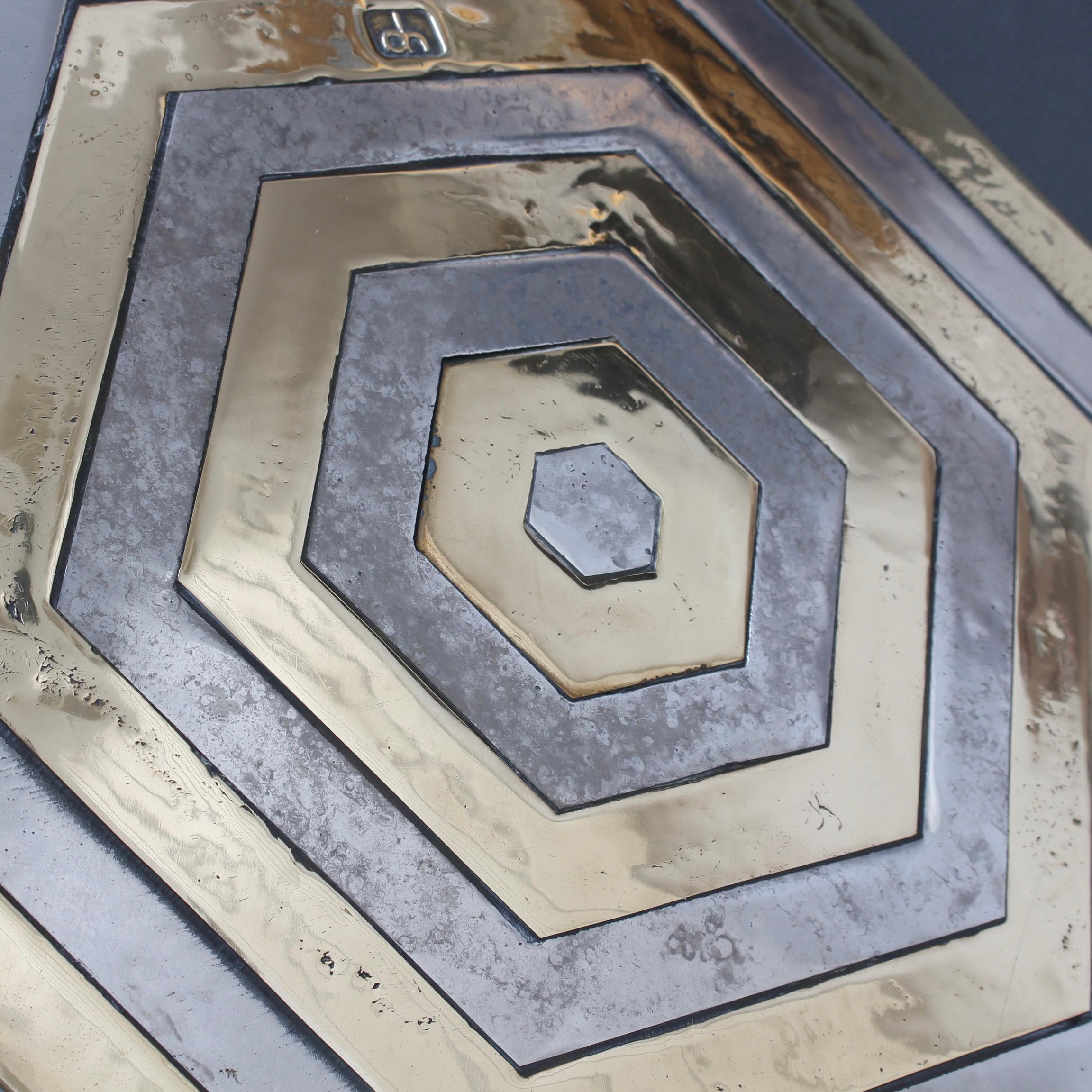 Aluminum Aluminium and Brass Hexagonal Decorative Tray by David Marshall 'circa 1980s'