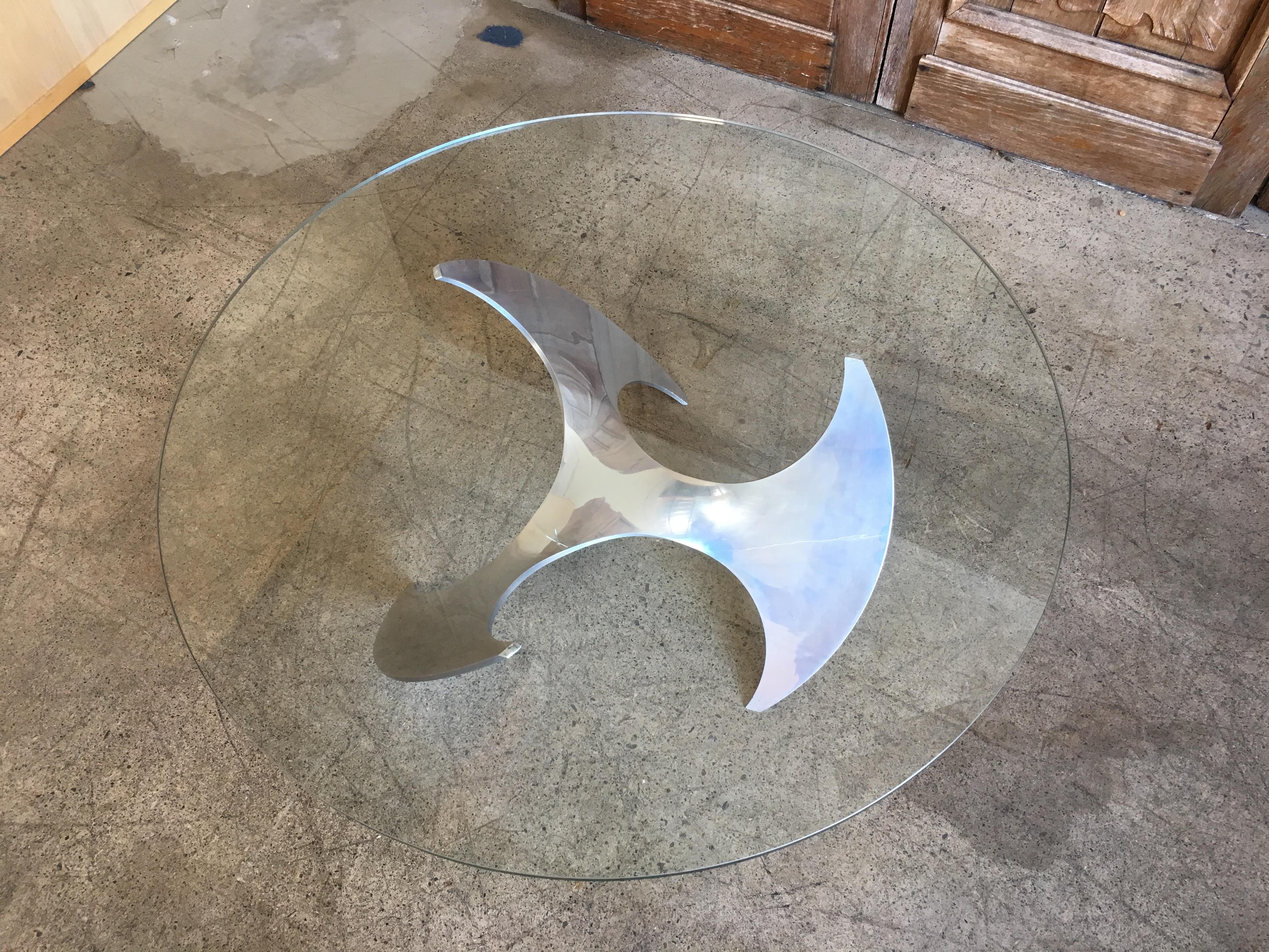 Midcentury aluminium propeller coffee table with glass top by Knut Hesterberg,