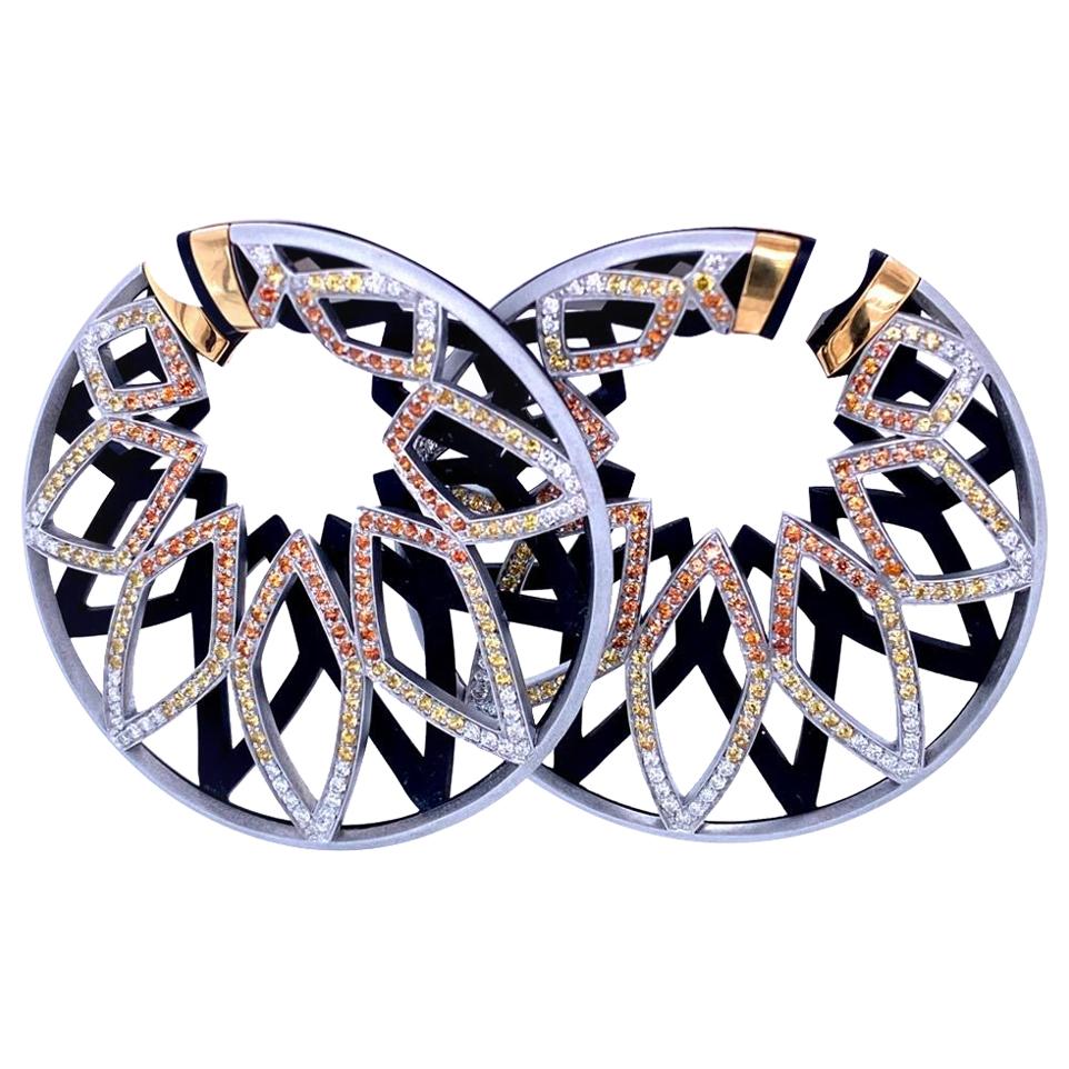 Aluminium and Gold Hoops Diamonds and Sapphires Earrrings For Sale