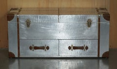 ALUMINIUM & BROWN LEATHER AViATOR COFFEE TABLE STORAGE TWO DRAWER TRUNK CHEST
