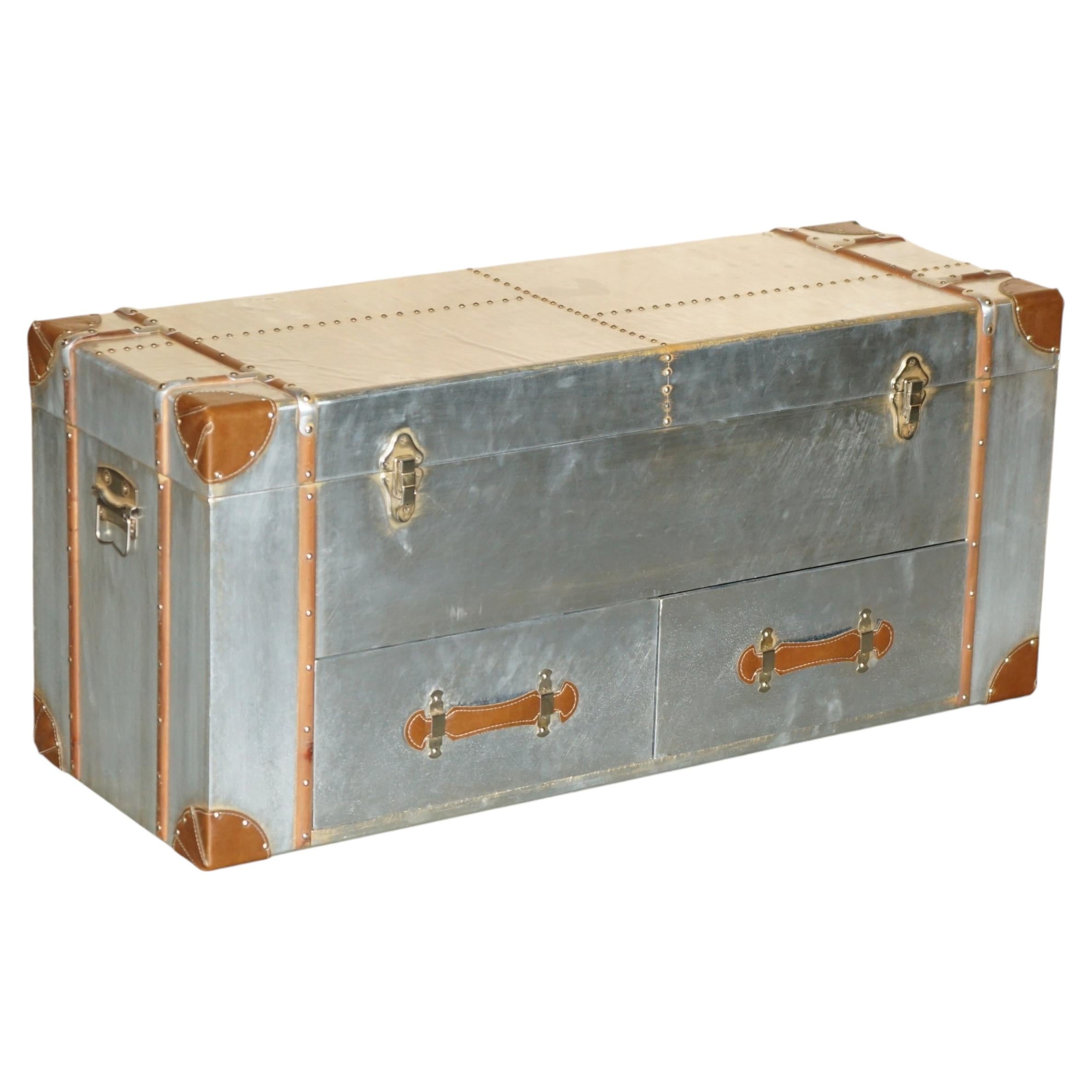 ALUMINIUM & BROWN LEATHER AViATOR COFFEE TABLE STORAGE TWO DRAWER TRUNK CHEST