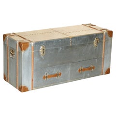 ALUMINIUM & BROWN LEATHER AViATOR COFFEE TABLE STORAGE TWO DRAWER TRUNK CHEST