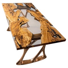 Aluminium Casting Legs With Olive Wood & Crystal Clear Epoxy Resin Dining Table