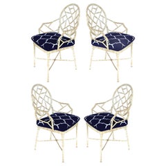 Used Aluminium Lattice Motif Garden Chairs with Loose Seat Cushions, Set of 4