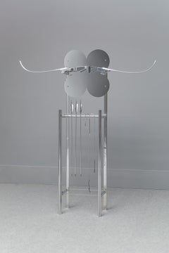 Aluminum, acrylic, mirrored acrylic, wood and rope shelve by Deon Rubi.