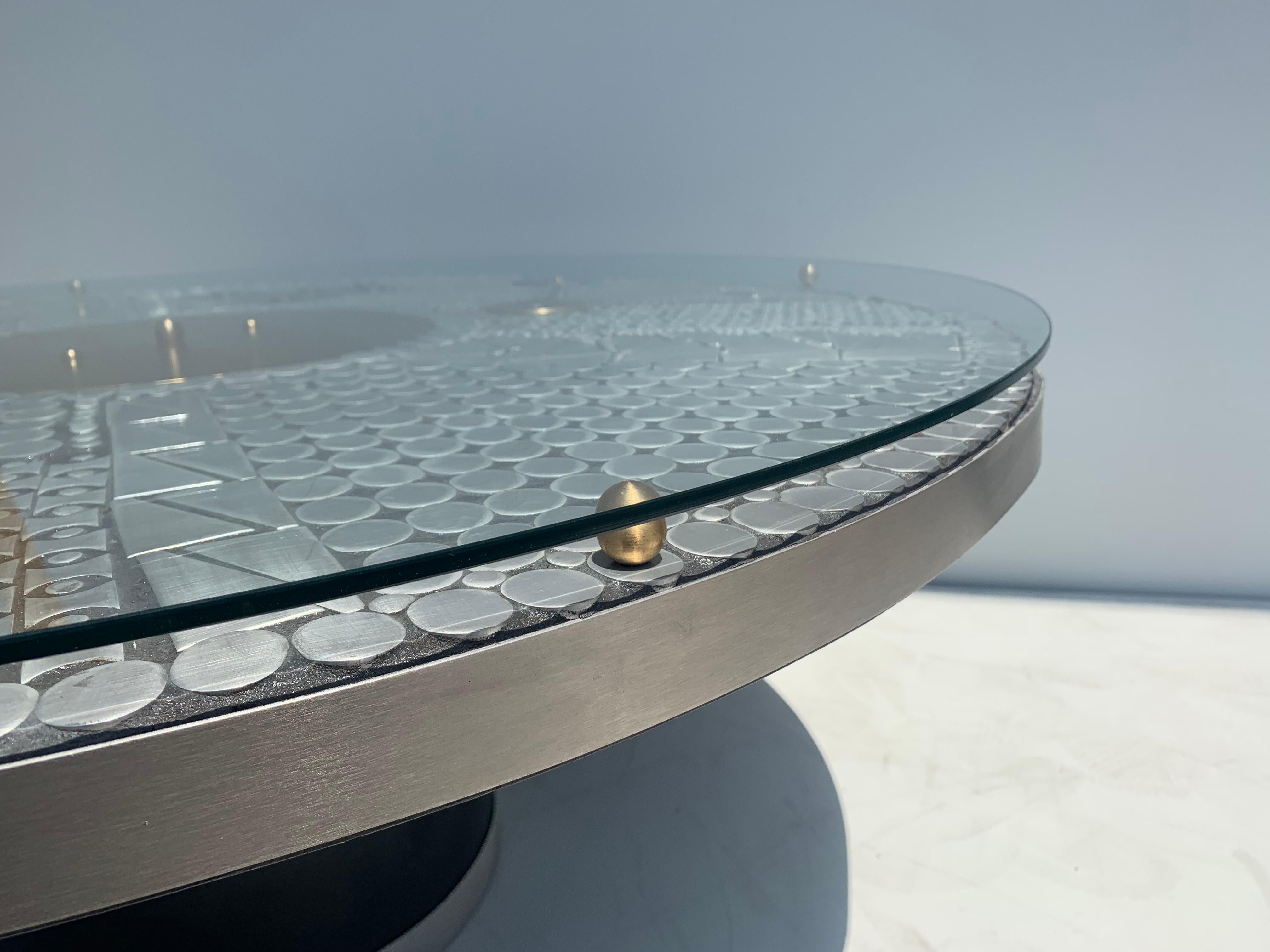 Aluminum and Brass Mosaic Round Coffee Table 7