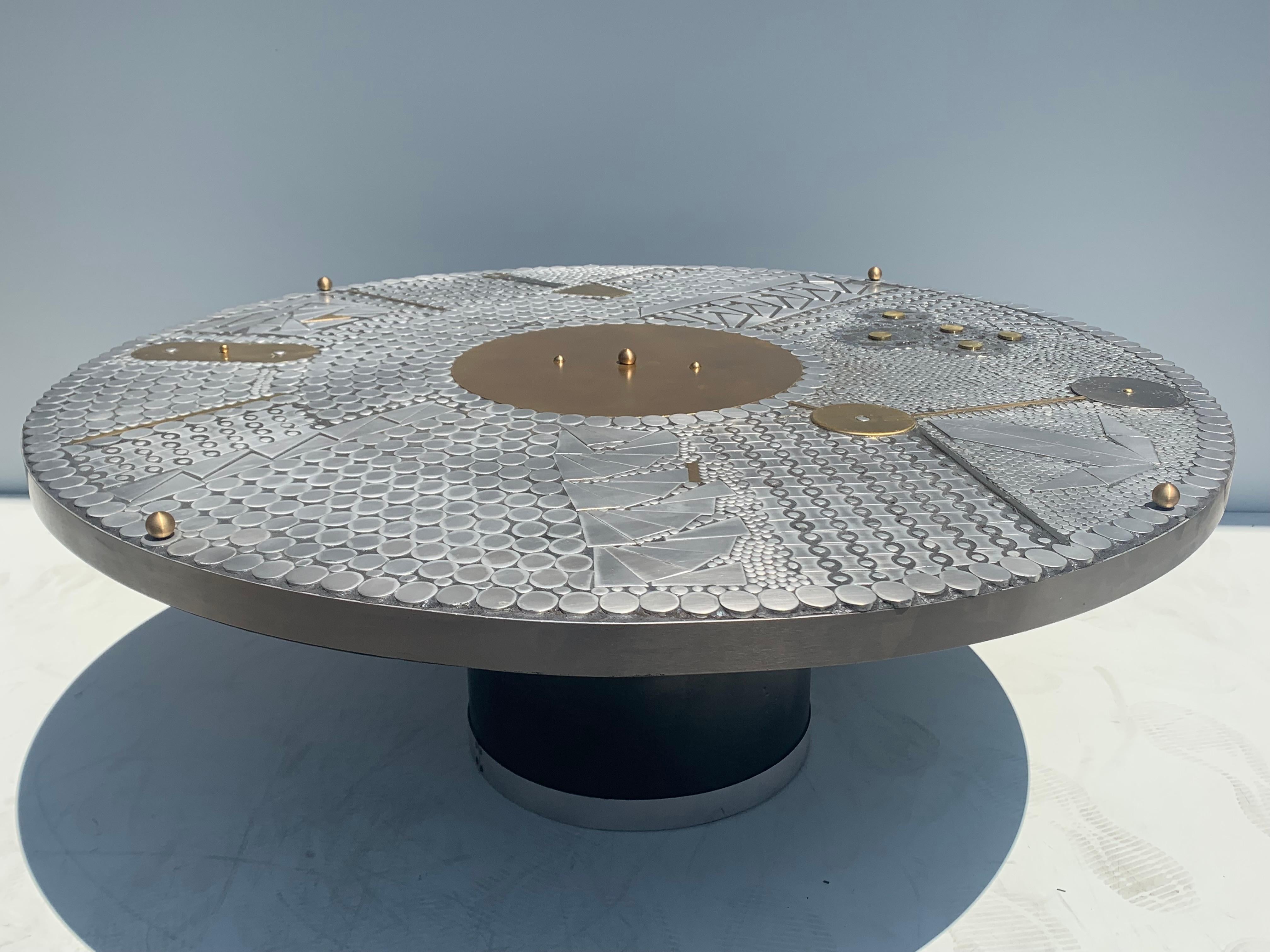 Aluminum and brass mosaic round coffee table in the style if Paul Evans. Can be used with or without glass top. With glass table is 17.5