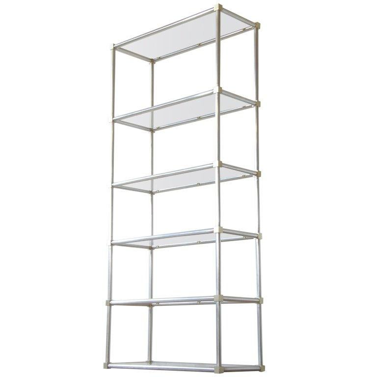 Modernist Aluminum and Brass Frame Etagere Shelf Unit with Glass Shelves